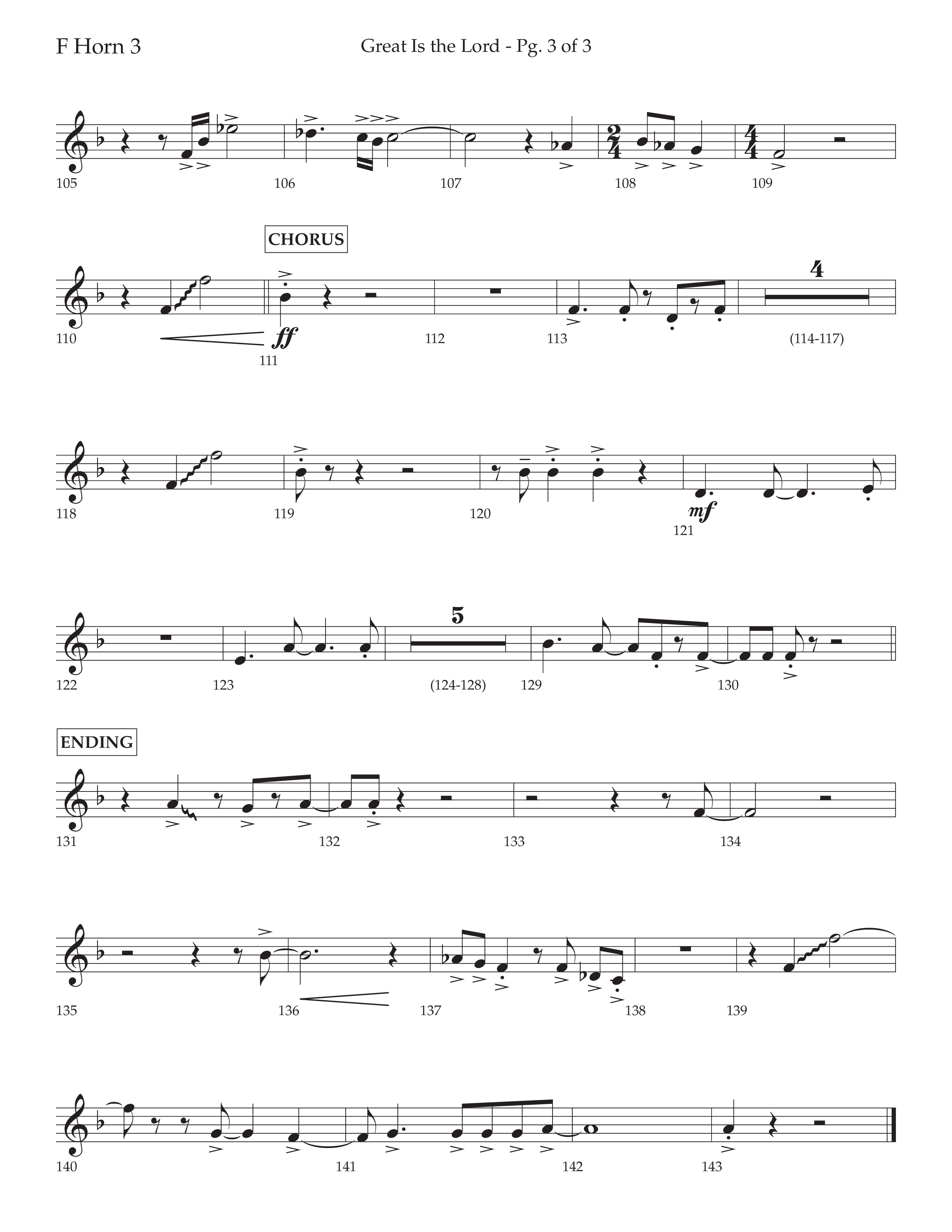 Great Is The Lord (with Blessing And Honor) (Choral Anthem SATB) French Horn 3 (Lifeway Choral / Arr. David Wise / Orch. Bradley Knight)