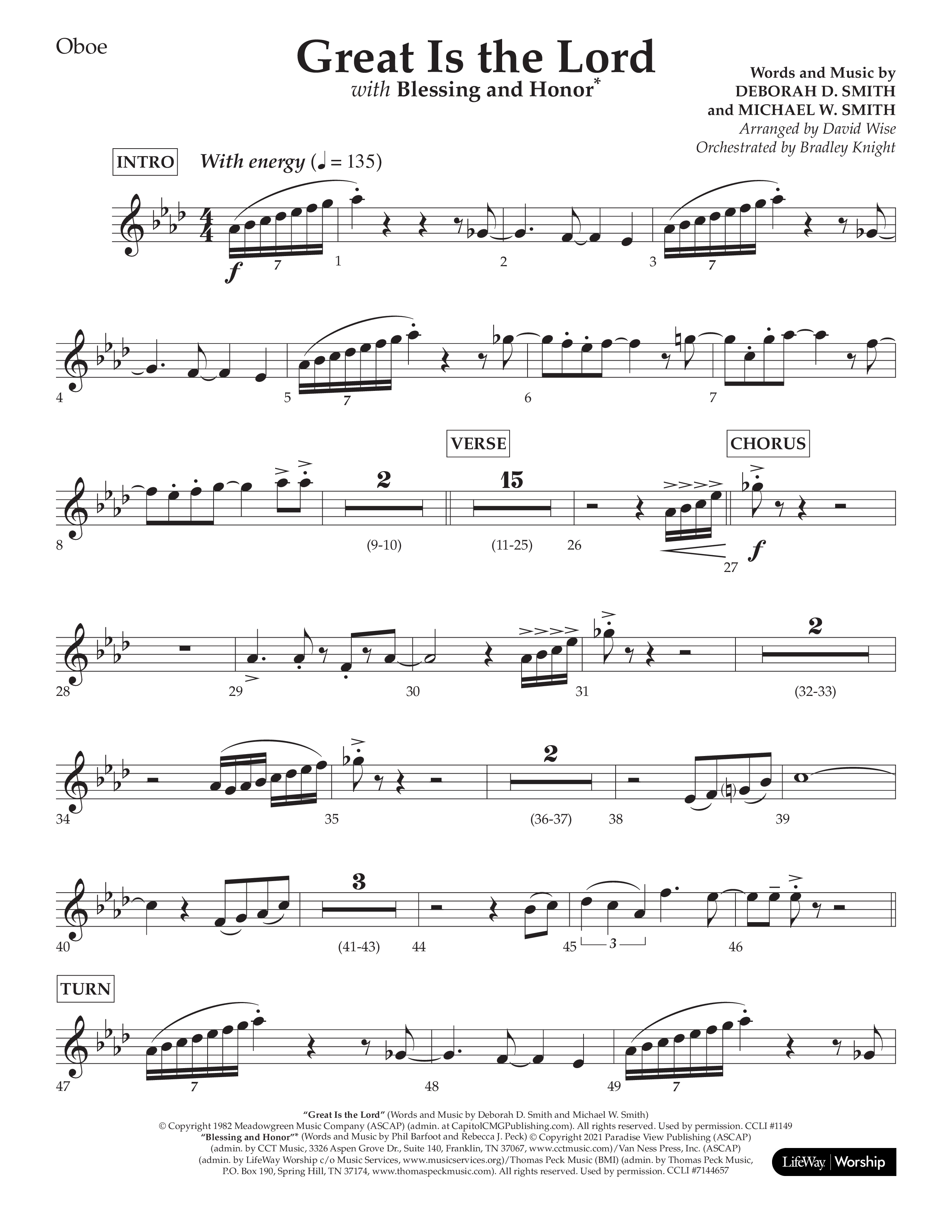 Great Is The Lord (with Blessing And Honor) (Choral Anthem SATB) Oboe (Lifeway Choral / Arr. David Wise / Orch. Bradley Knight)