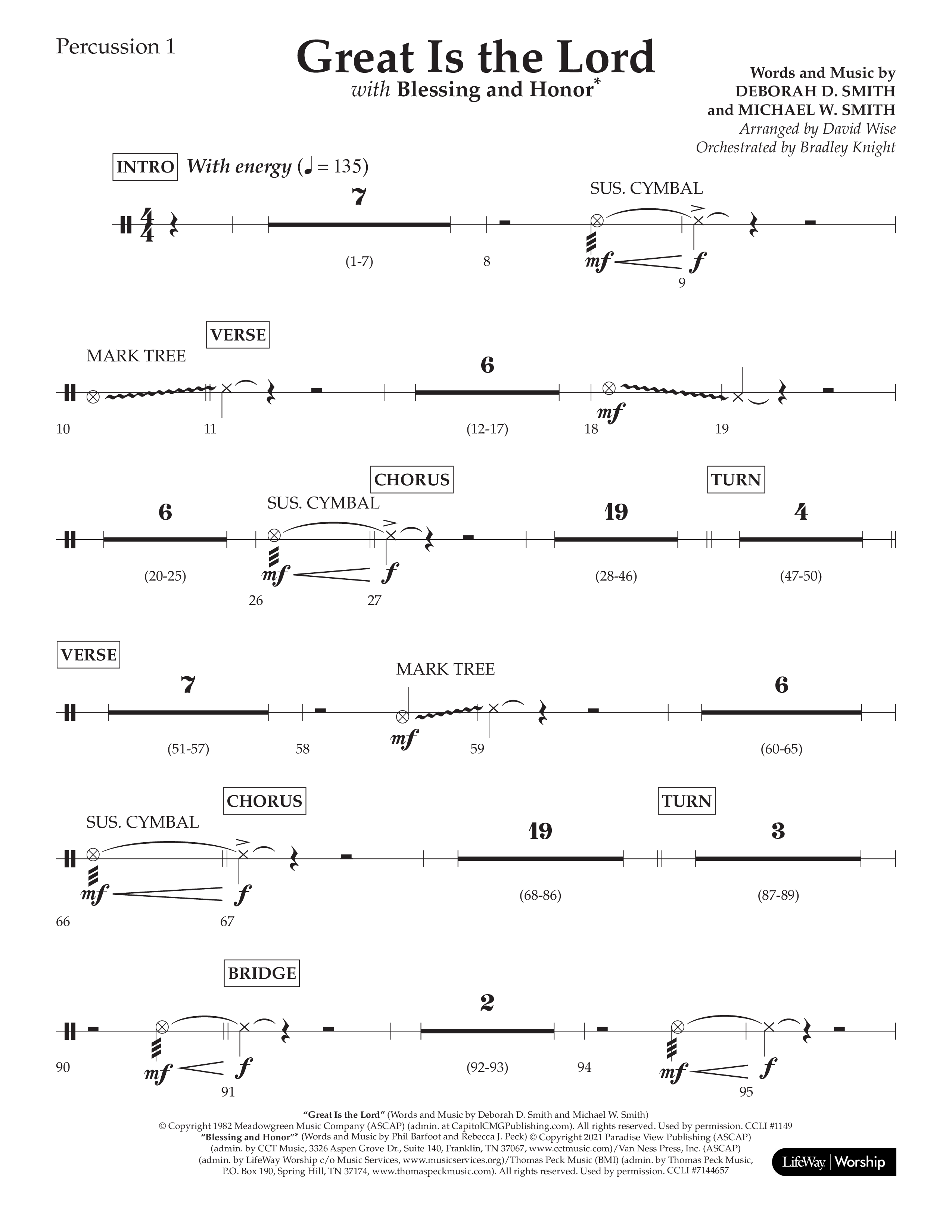 Great Is The Lord (with Blessing And Honor) (Choral Anthem SATB) Percussion 1/2 (Lifeway Choral / Arr. David Wise / Orch. Bradley Knight)