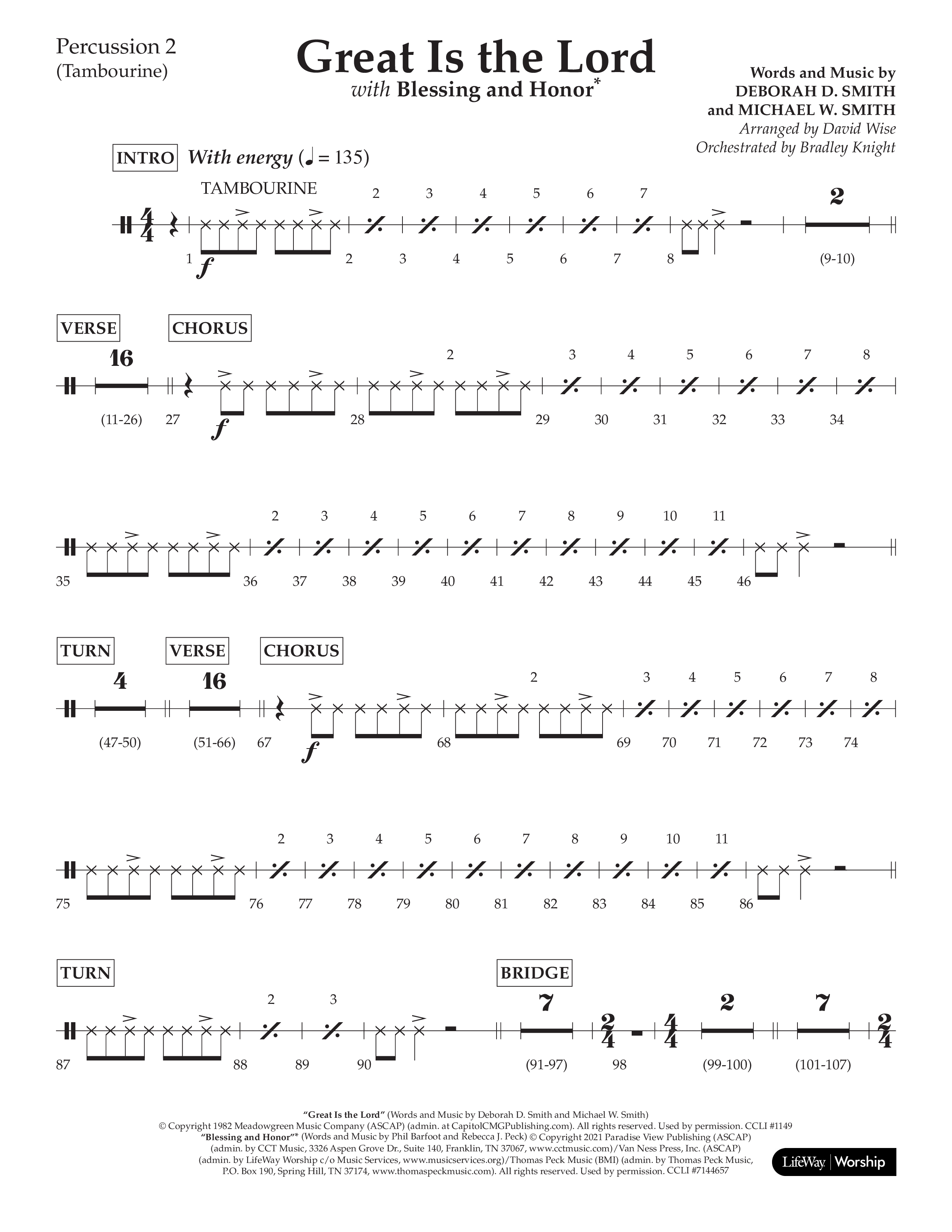 Great Is The Lord (with Blessing And Honor) (Choral Anthem SATB) Percussion 1/2 (Lifeway Choral / Arr. David Wise / Orch. Bradley Knight)