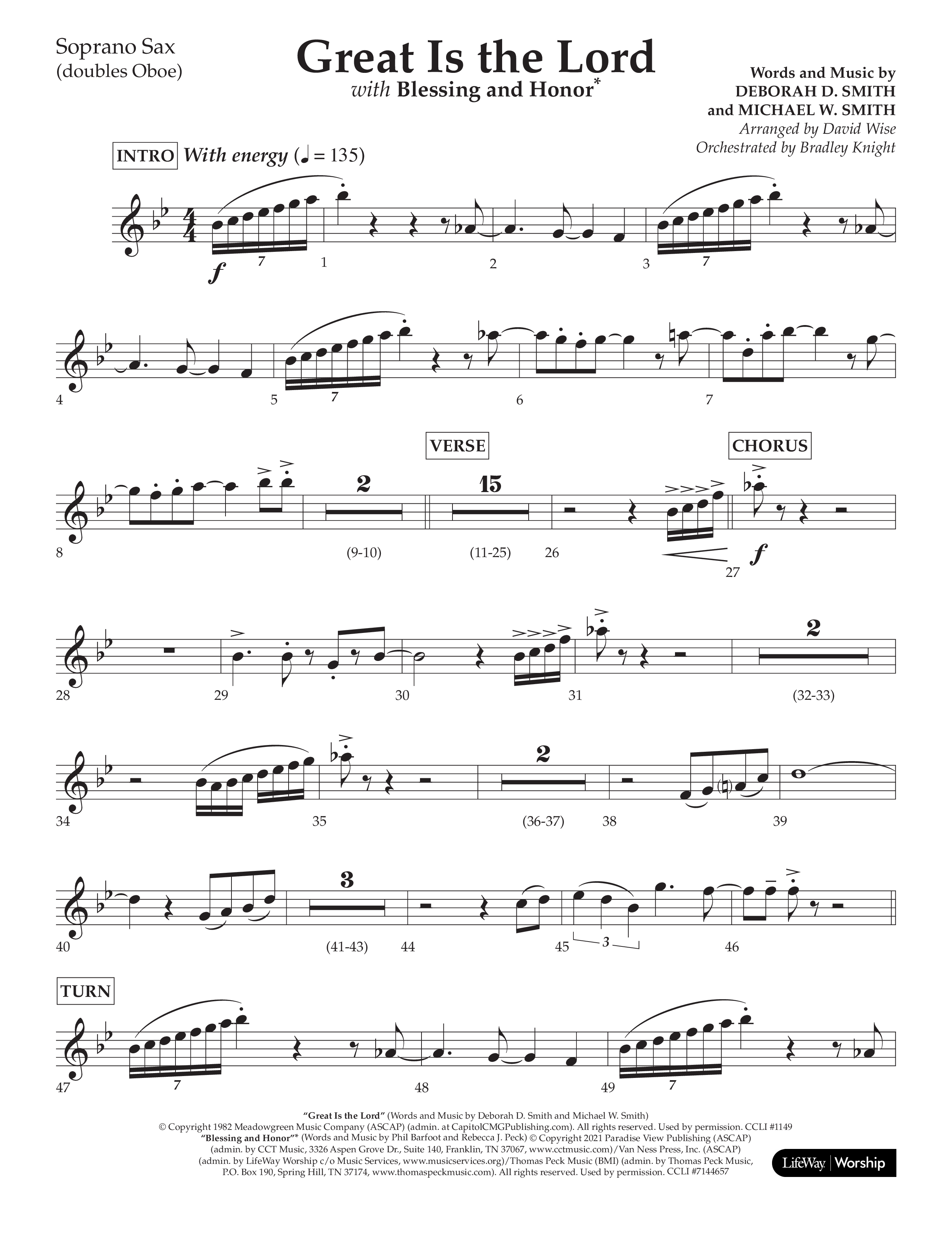 Great Is The Lord (with Blessing And Honor) (Choral Anthem SATB) Soprano Sax (Lifeway Choral / Arr. David Wise / Orch. Bradley Knight)