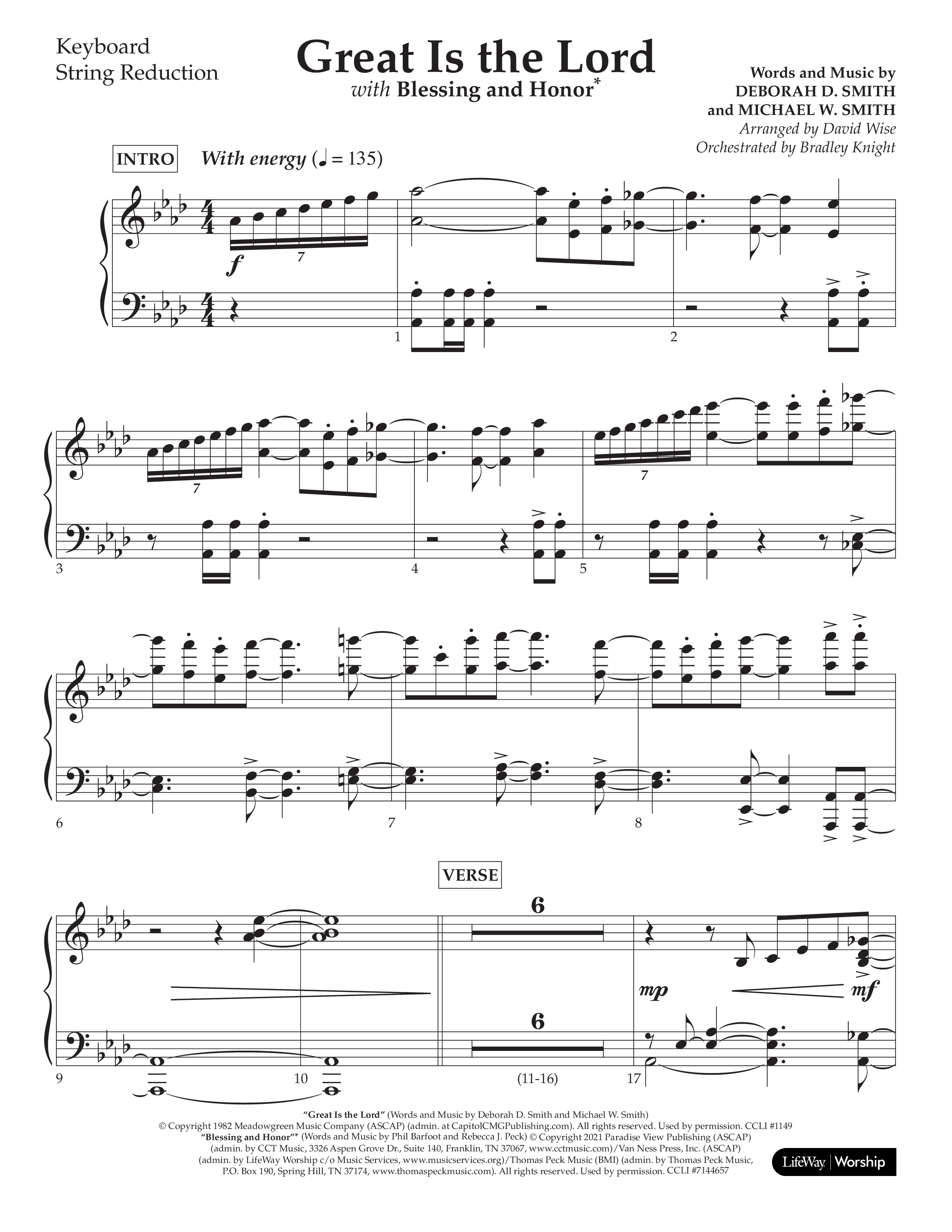 Great Is The Lord (with Blessing And Honor) (Choral Anthem SATB) String Reduction (Lifeway Choral / Arr. David Wise / Orch. Bradley Knight)