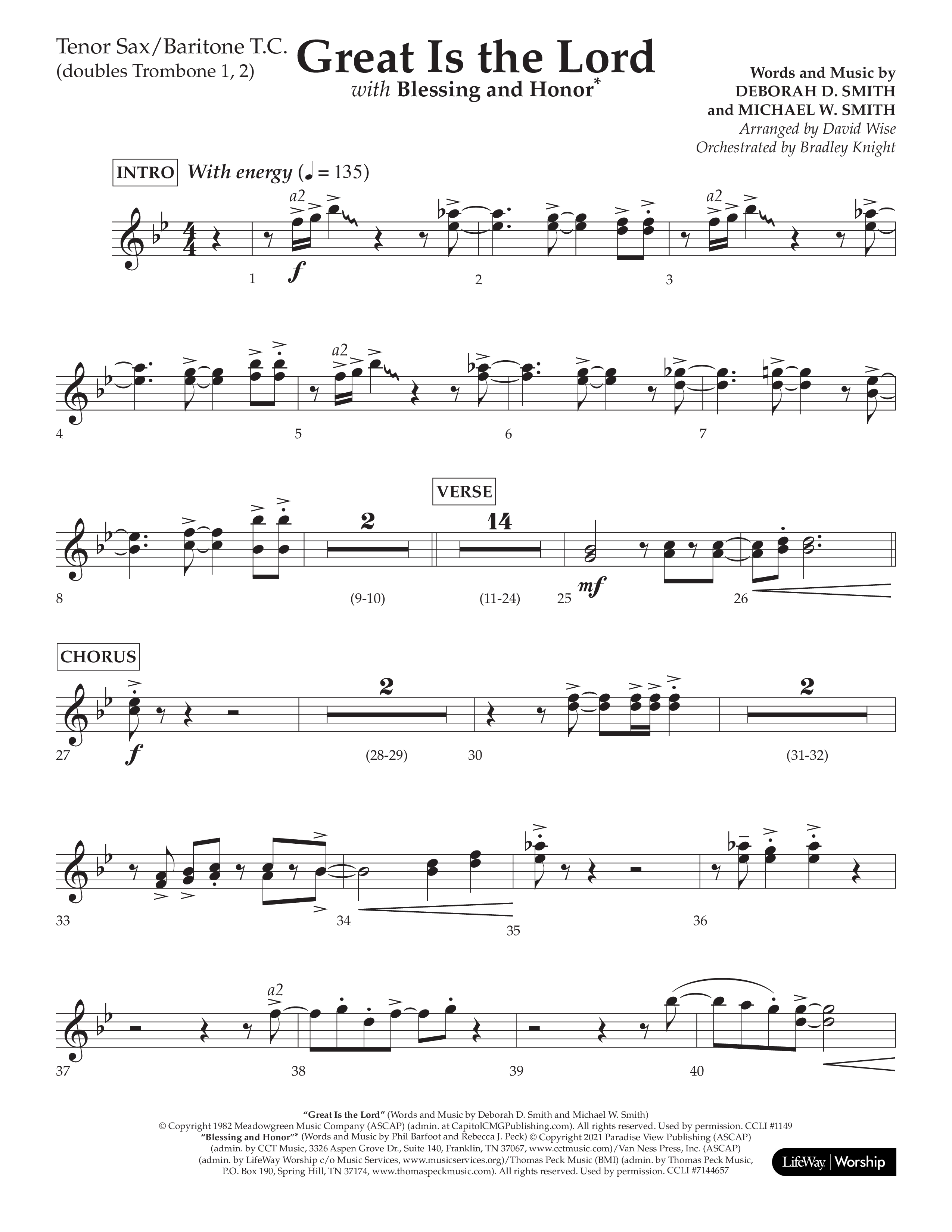 Great Is The Lord (with Blessing And Honor) (Choral Anthem SATB) Tenor Sax/Baritone T.C. (Lifeway Choral / Arr. David Wise / Orch. Bradley Knight)