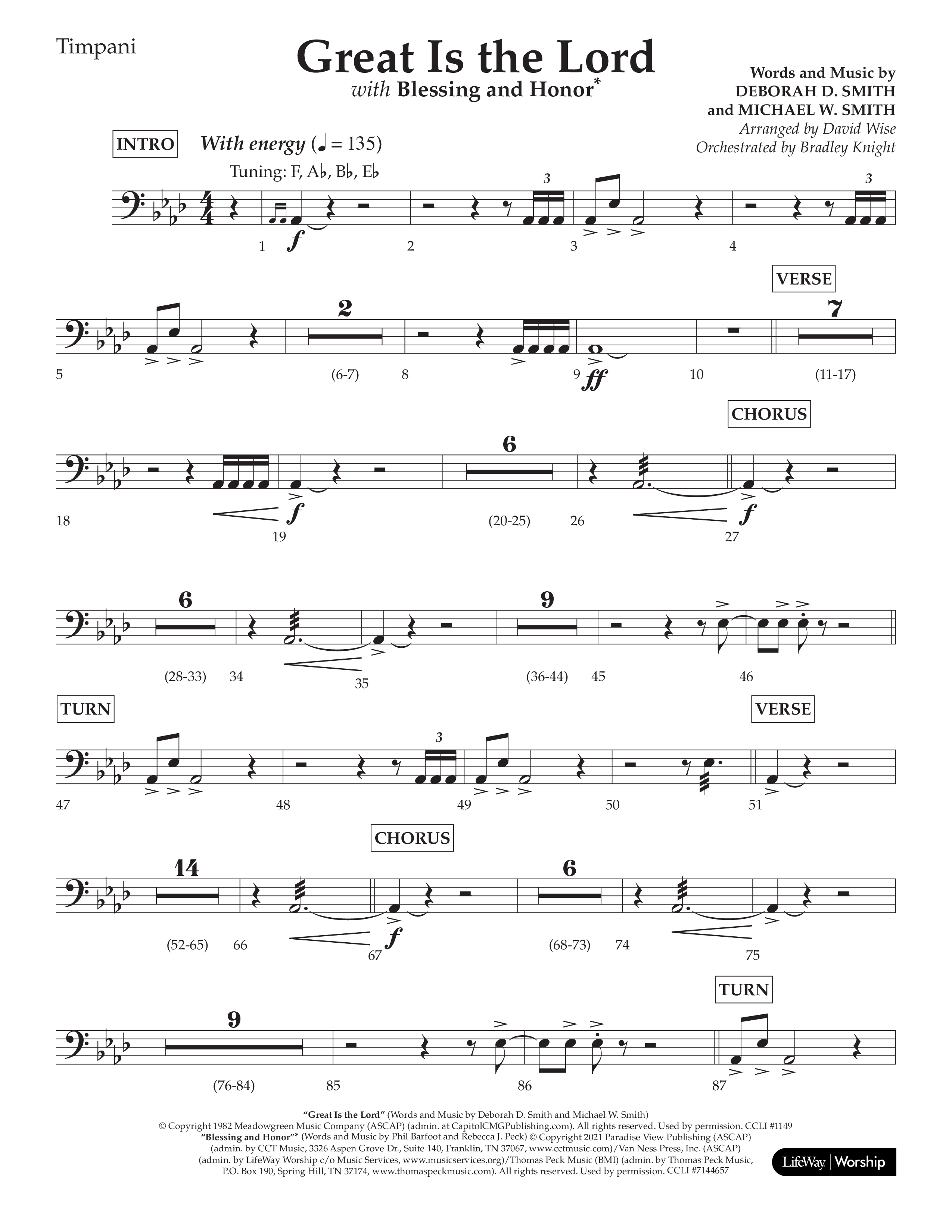 Great Is The Lord (with Blessing And Honor) (Choral Anthem SATB) Timpani (Lifeway Choral / Arr. David Wise / Orch. Bradley Knight)