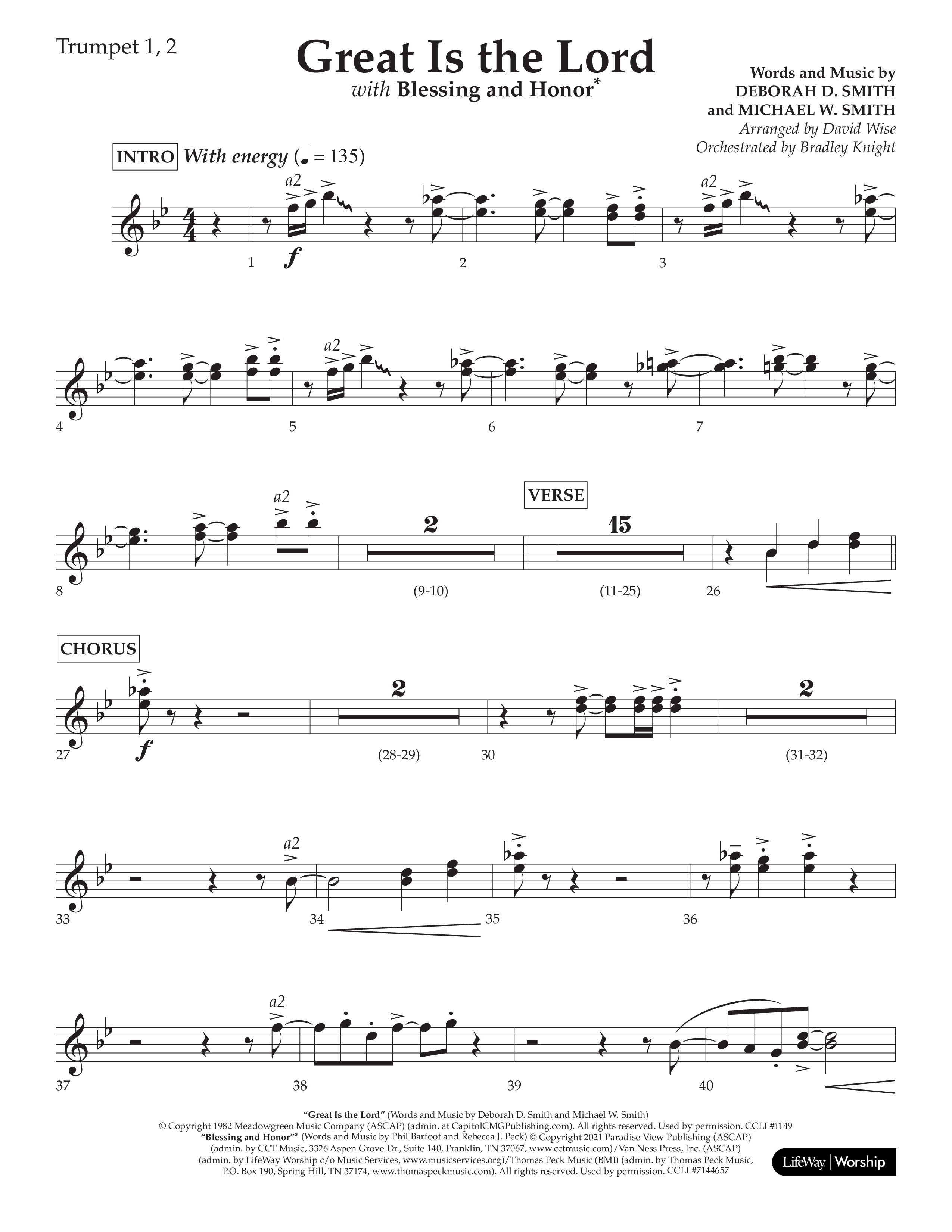 Great Is The Lord (with Blessing And Honor) (Choral Anthem SATB) Trumpet 1,2 (Lifeway Choral / Arr. David Wise / Orch. Bradley Knight)
