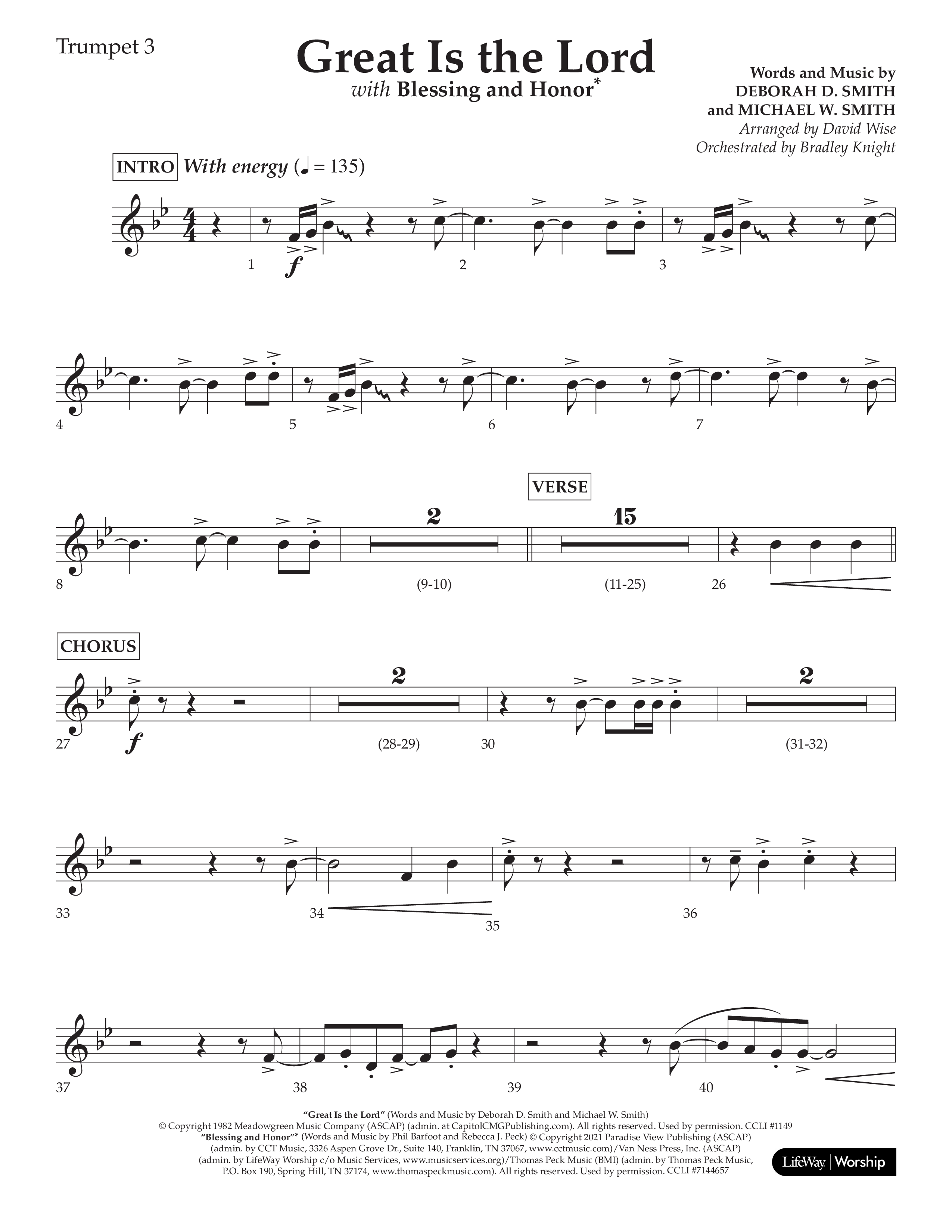Great Is The Lord (with Blessing And Honor) (Choral Anthem SATB) Trumpet 3 (Lifeway Choral / Arr. David Wise / Orch. Bradley Knight)