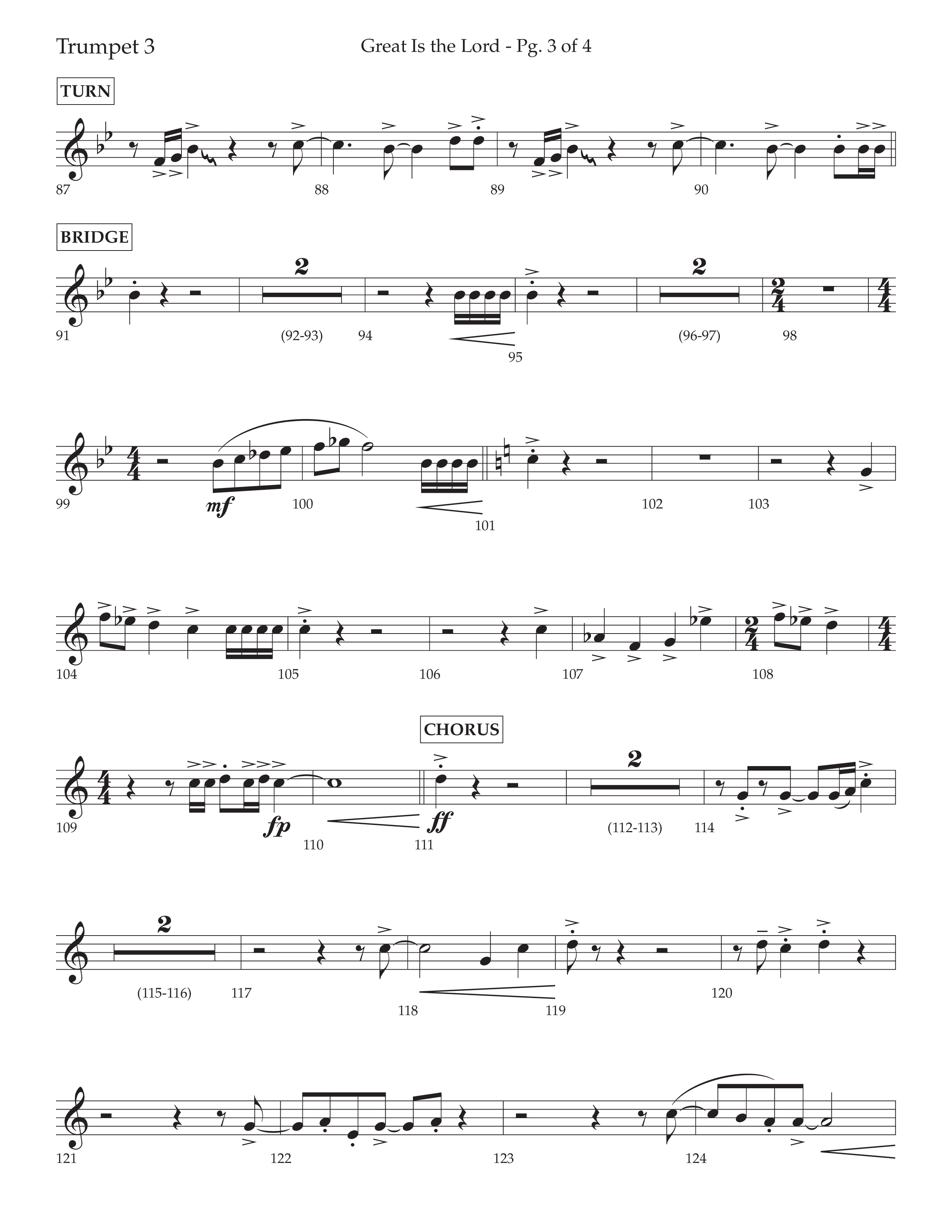 Great Is The Lord (with Blessing And Honor) (Choral Anthem SATB) Trumpet 3 (Lifeway Choral / Arr. David Wise / Orch. Bradley Knight)