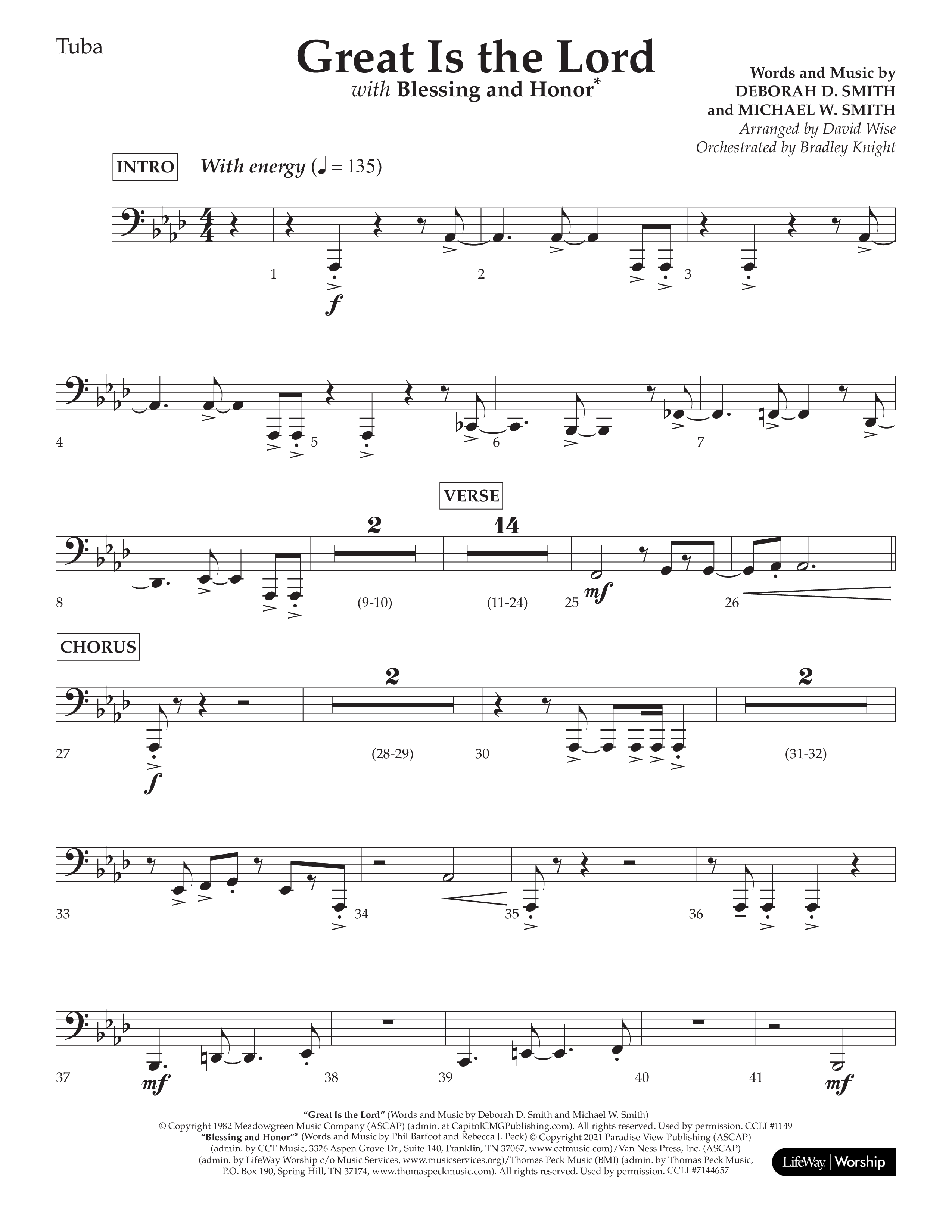 Great Is The Lord (with Blessing And Honor) (Choral Anthem SATB) Tuba (Lifeway Choral / Arr. David Wise / Orch. Bradley Knight)