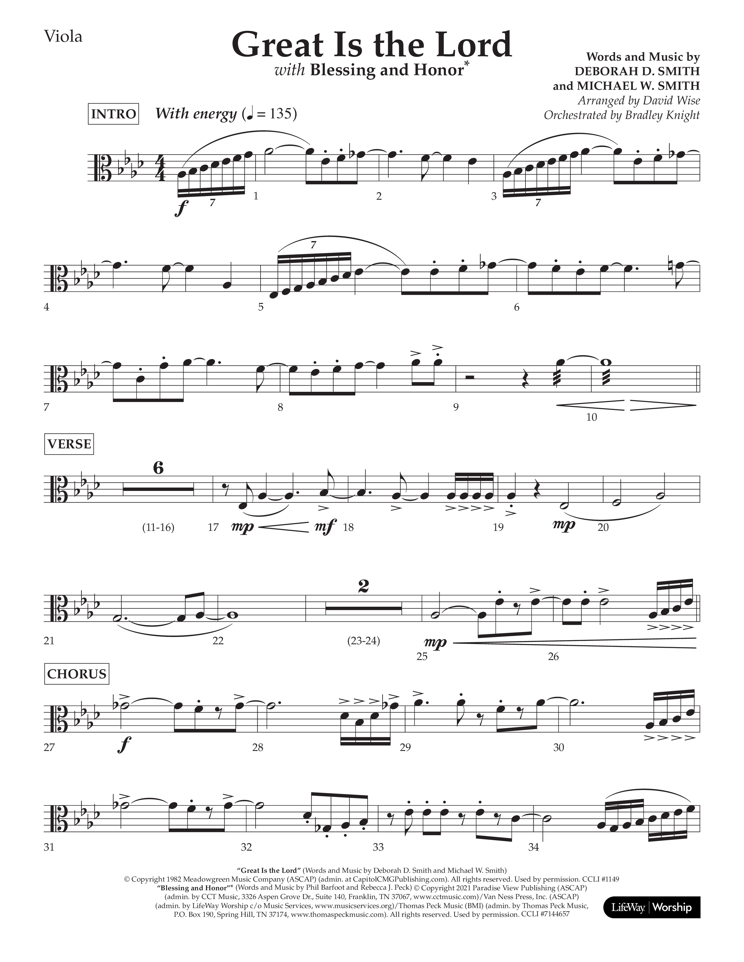 Great Is The Lord (with Blessing And Honor) (Choral Anthem SATB) Viola (Lifeway Choral / Arr. David Wise / Orch. Bradley Knight)