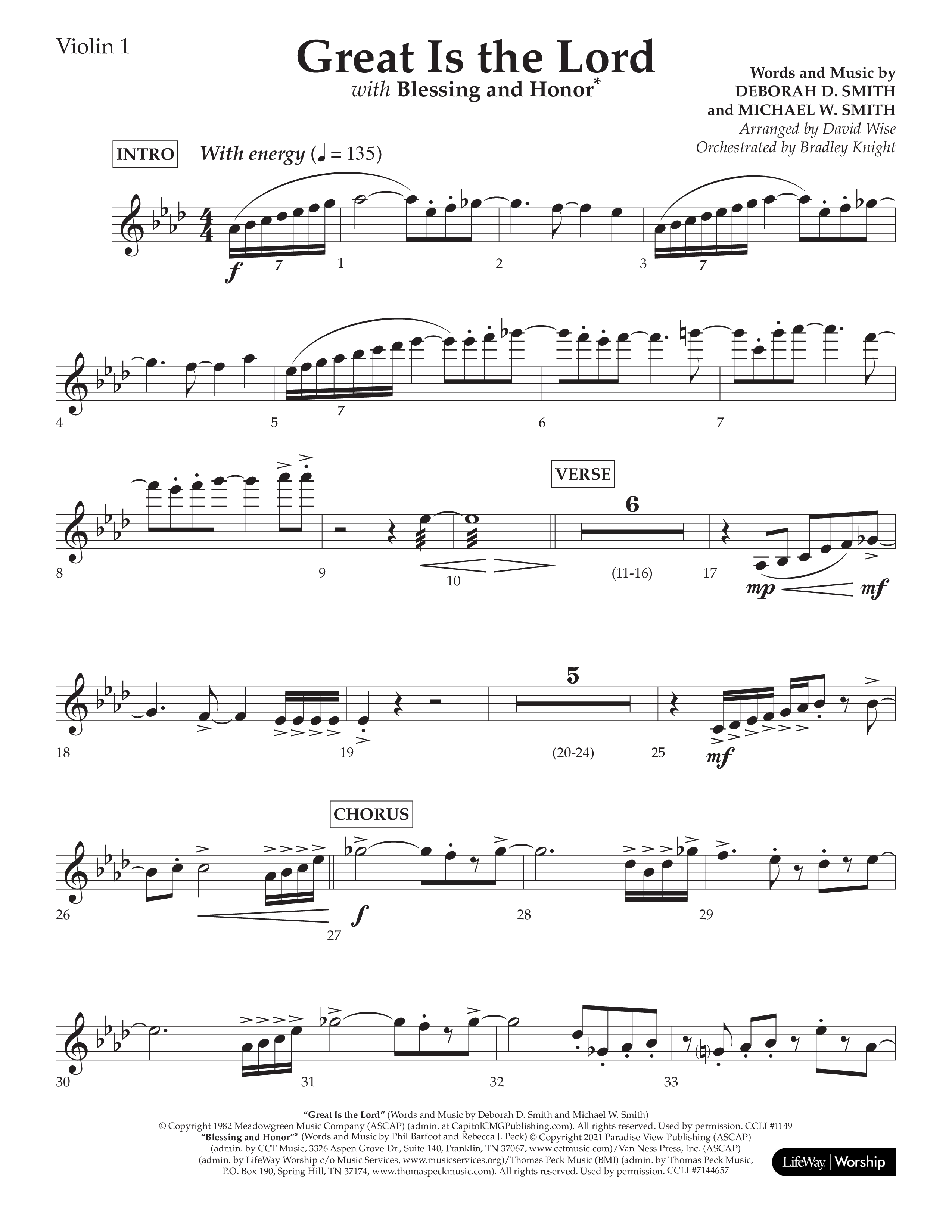 Great Is The Lord (with Blessing And Honor) (Choral Anthem SATB) Violin 1 (Lifeway Choral / Arr. David Wise / Orch. Bradley Knight)
