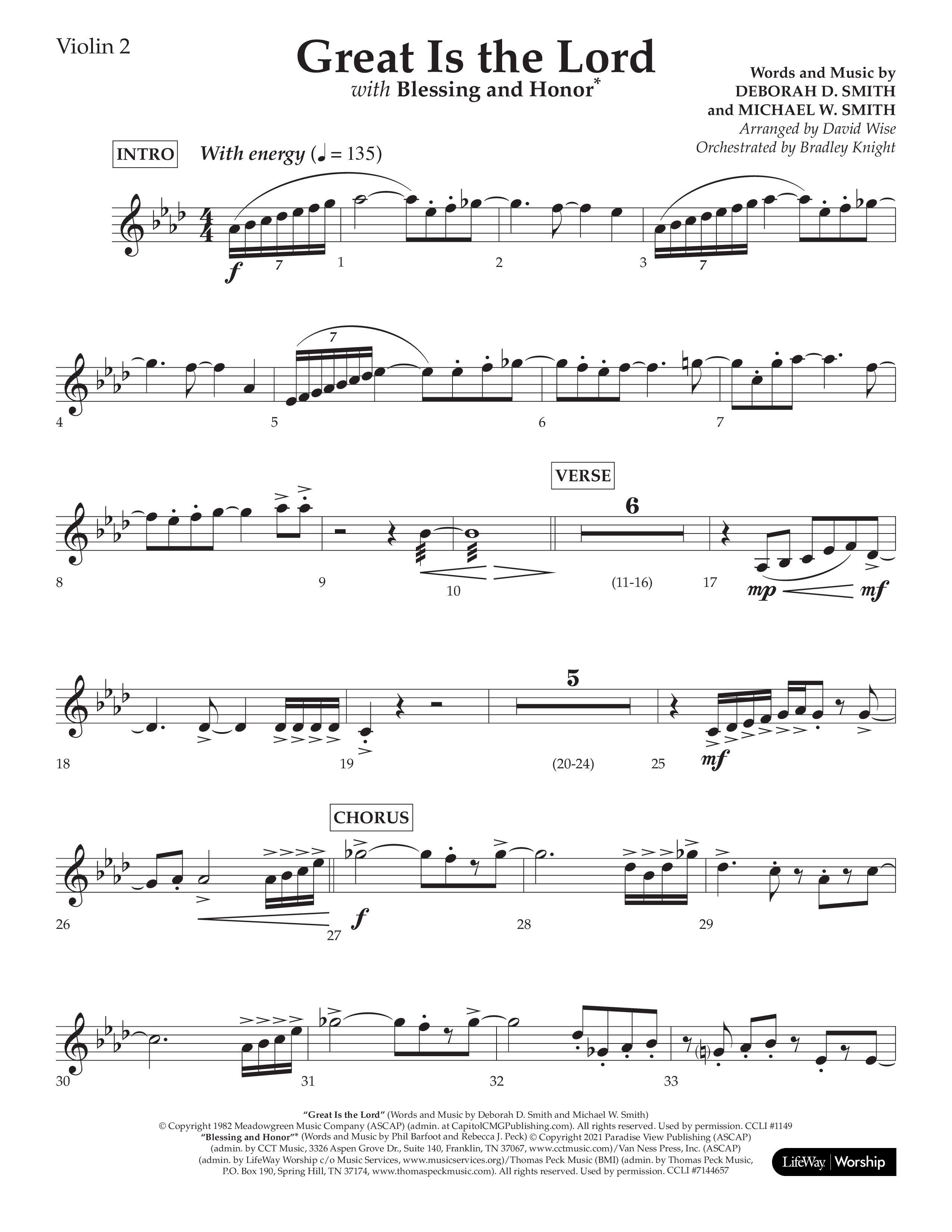 Great Is The Lord (with Blessing And Honor) (Choral Anthem SATB) Violin 2 (Lifeway Choral / Arr. David Wise / Orch. Bradley Knight)