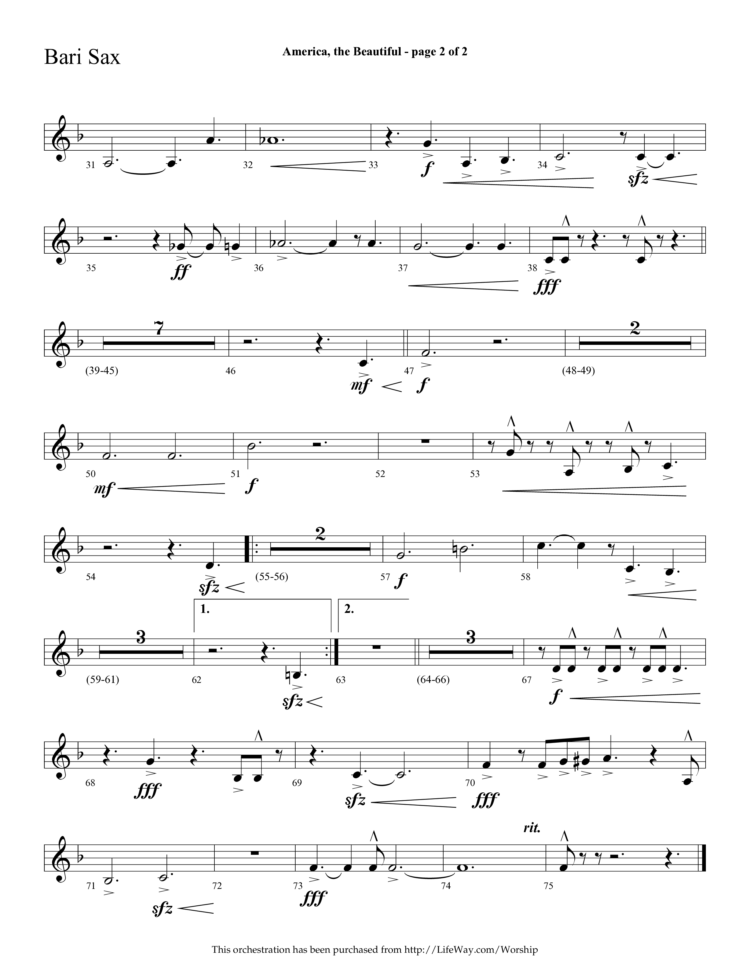 America The Beautiful (with Freedoms Song) (Choral Anthem SATB) Bari Sax (Lifeway Choral / Arr. Cliff Duren)