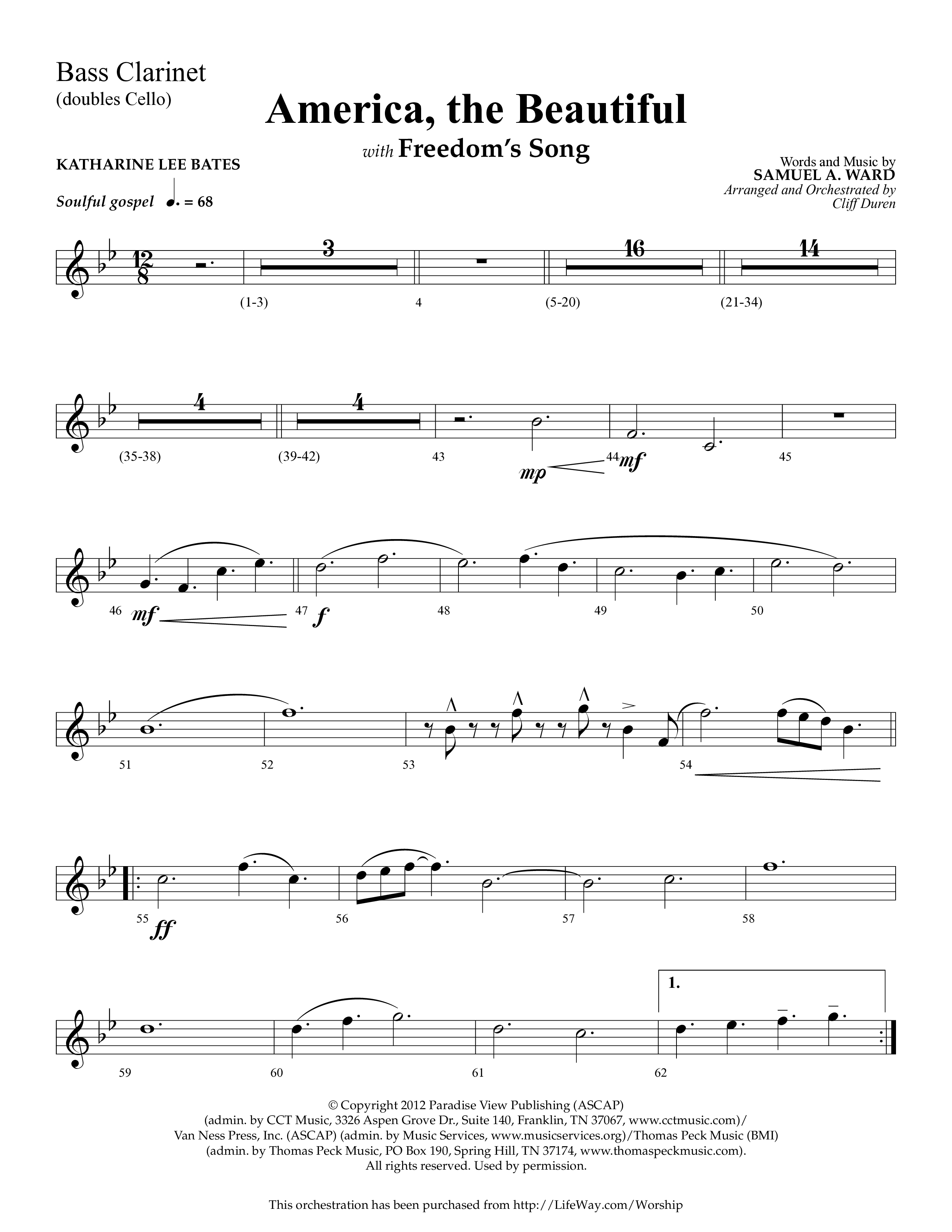America The Beautiful (with Freedoms Song) (Choral Anthem SATB) Bass Clarinet (Lifeway Choral / Arr. Cliff Duren)