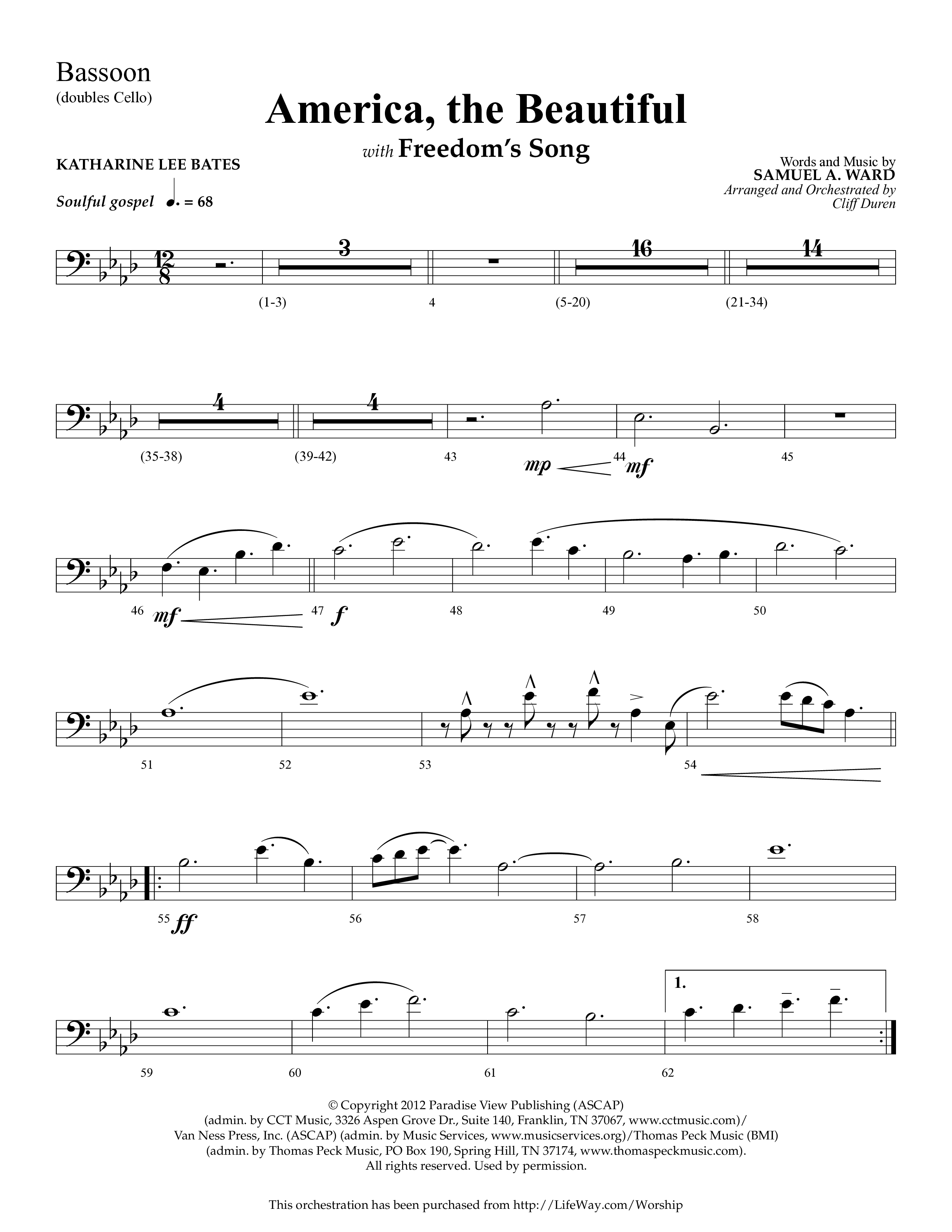 America The Beautiful (with Freedoms Song) (Choral Anthem SATB) Bassoon (Lifeway Choral / Arr. Cliff Duren)