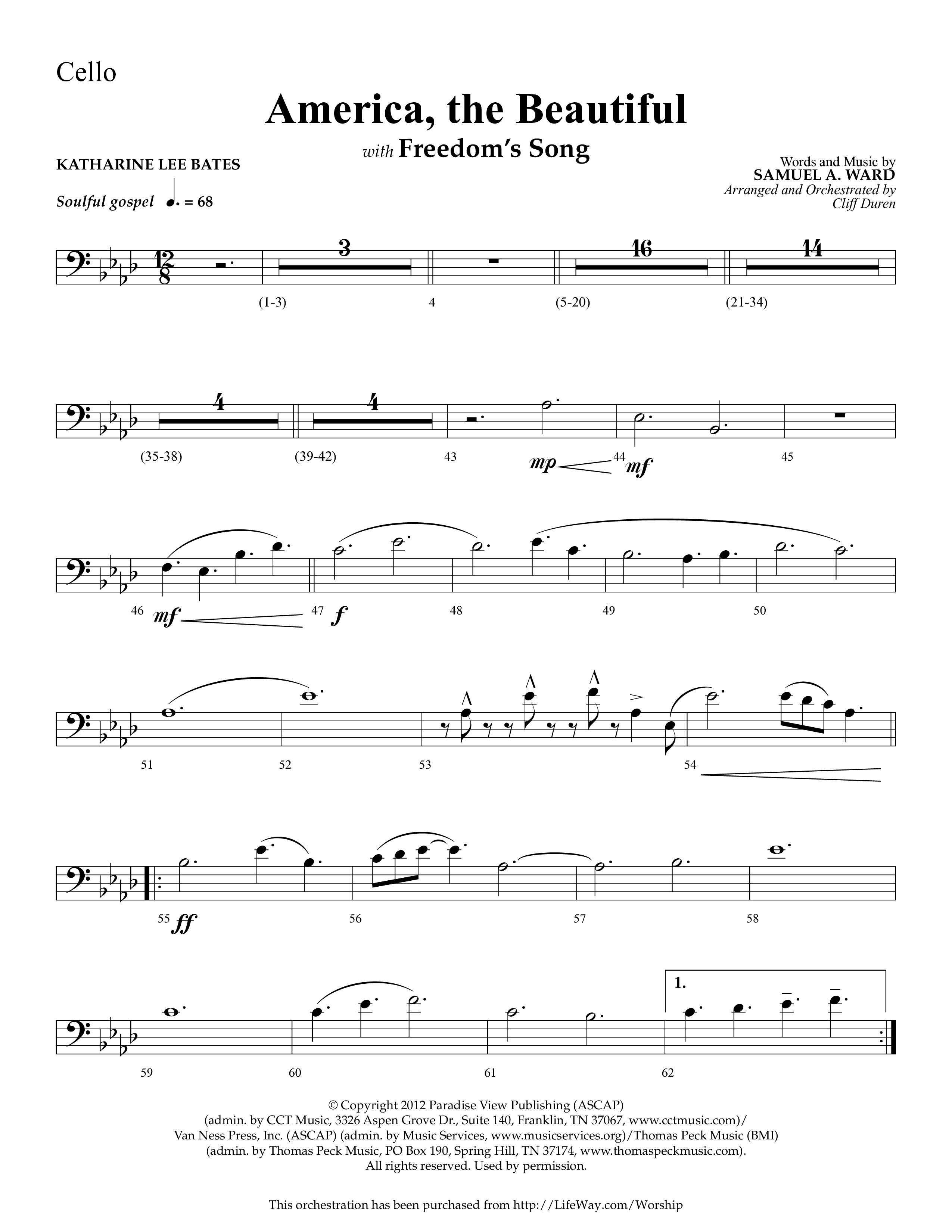 America The Beautiful (with Freedoms Song) (Choral Anthem SATB) Cello (Lifeway Choral / Arr. Cliff Duren)