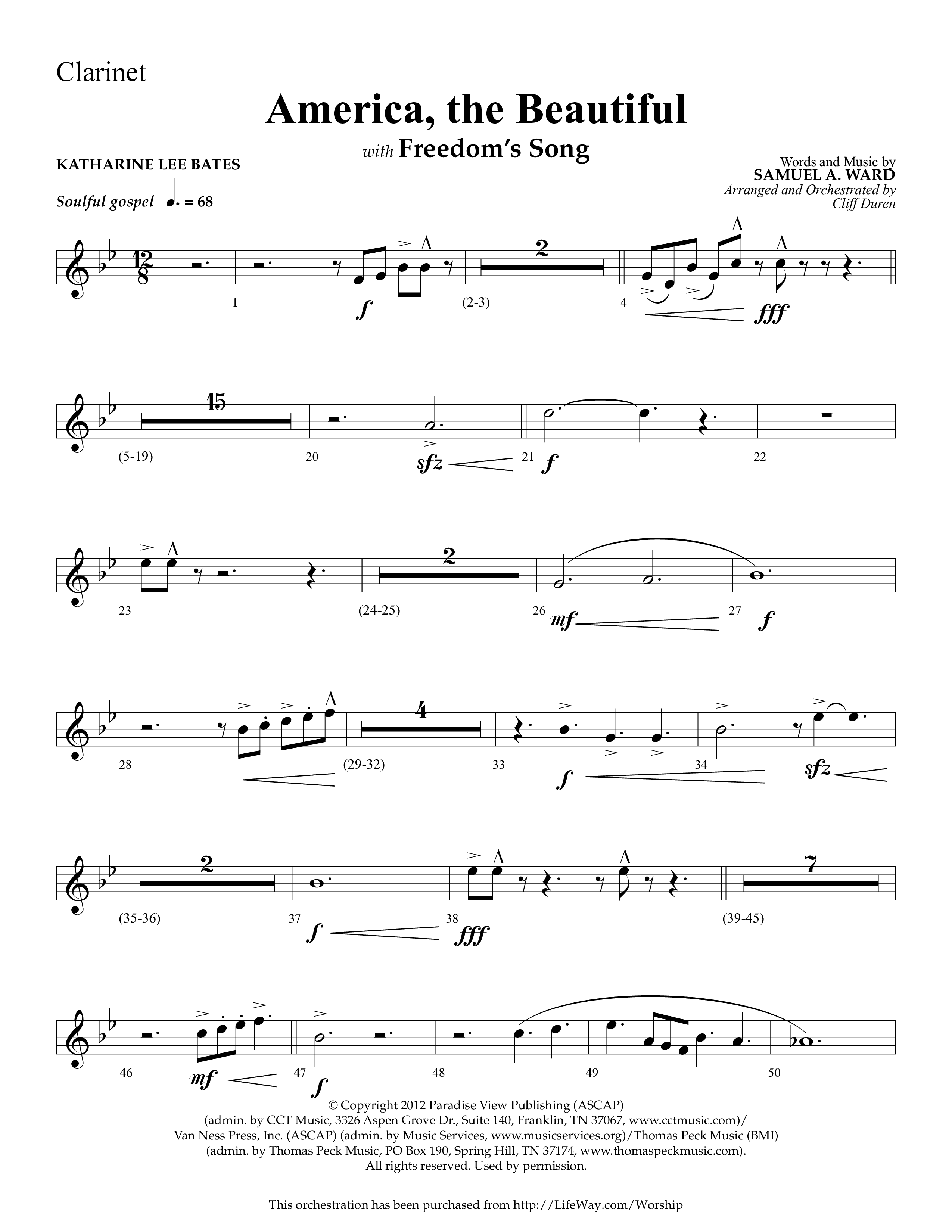 America The Beautiful (with Freedoms Song) (Choral Anthem SATB) Clarinet 1/2 (Lifeway Choral / Arr. Cliff Duren)