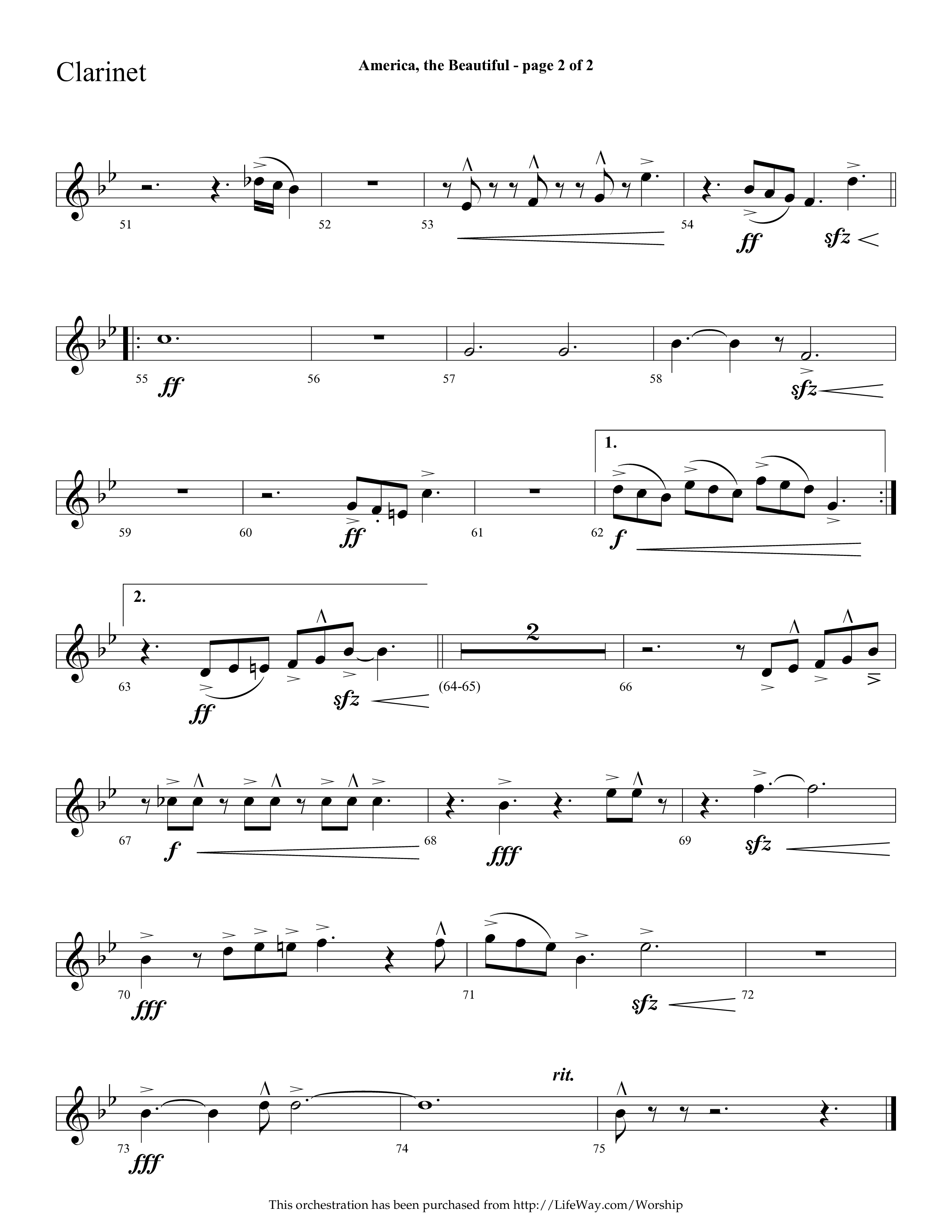 America The Beautiful (with Freedoms Song) (Choral Anthem SATB) Clarinet 1/2 (Lifeway Choral / Arr. Cliff Duren)
