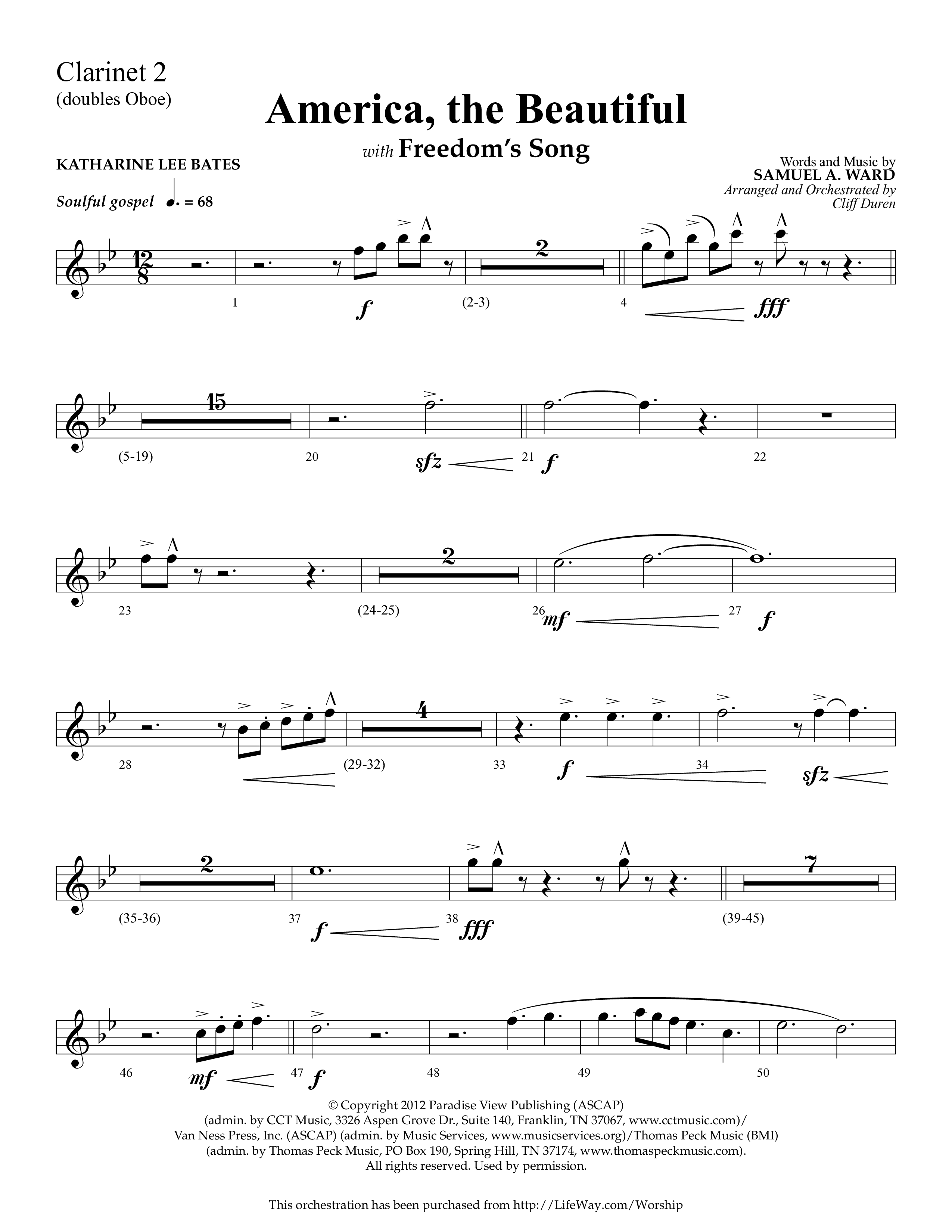 America The Beautiful (with Freedoms Song) (Choral Anthem SATB) Clarinet 1/2 (Lifeway Choral / Arr. Cliff Duren)