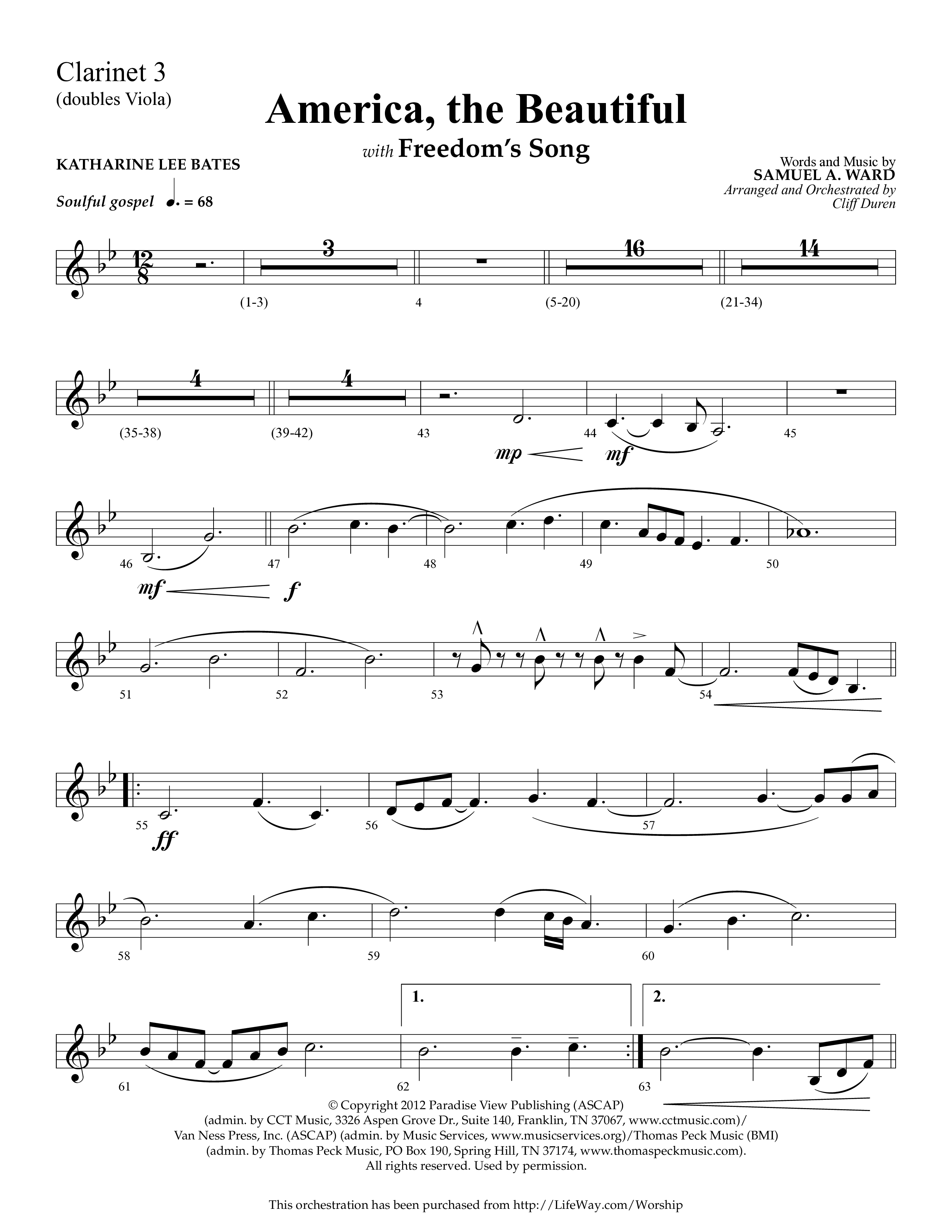 America The Beautiful (with Freedoms Song) (Choral Anthem SATB) Clarinet 3 (Lifeway Choral / Arr. Cliff Duren)