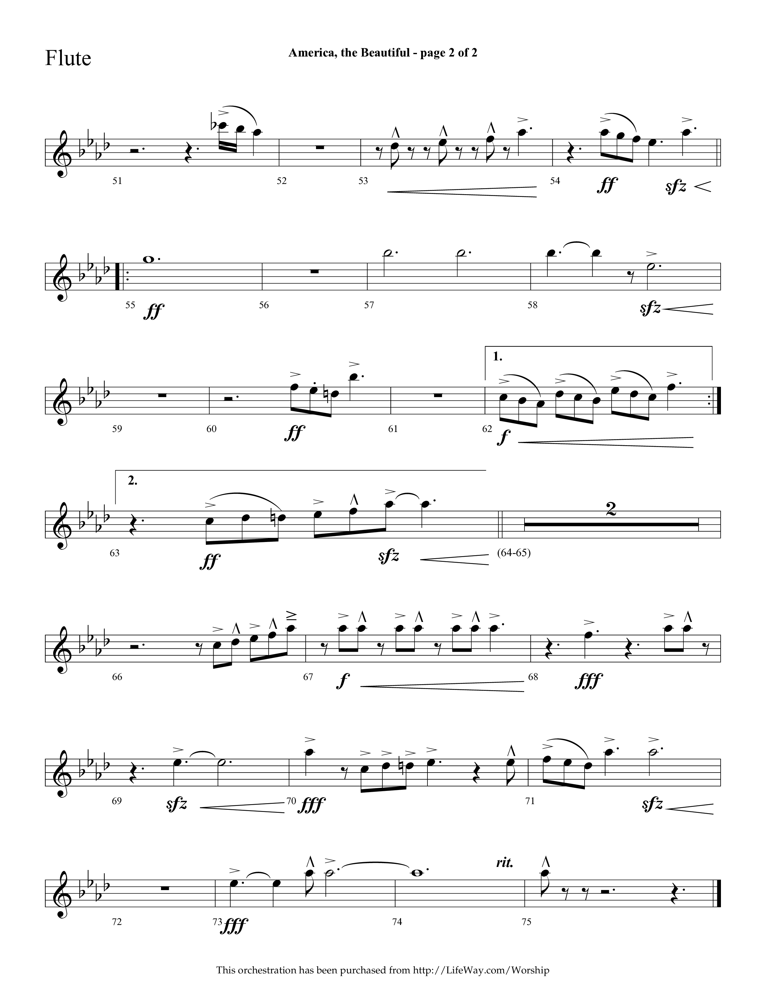 America The Beautiful (with Freedoms Song) (Choral Anthem SATB) Flute (Lifeway Choral / Arr. Cliff Duren)