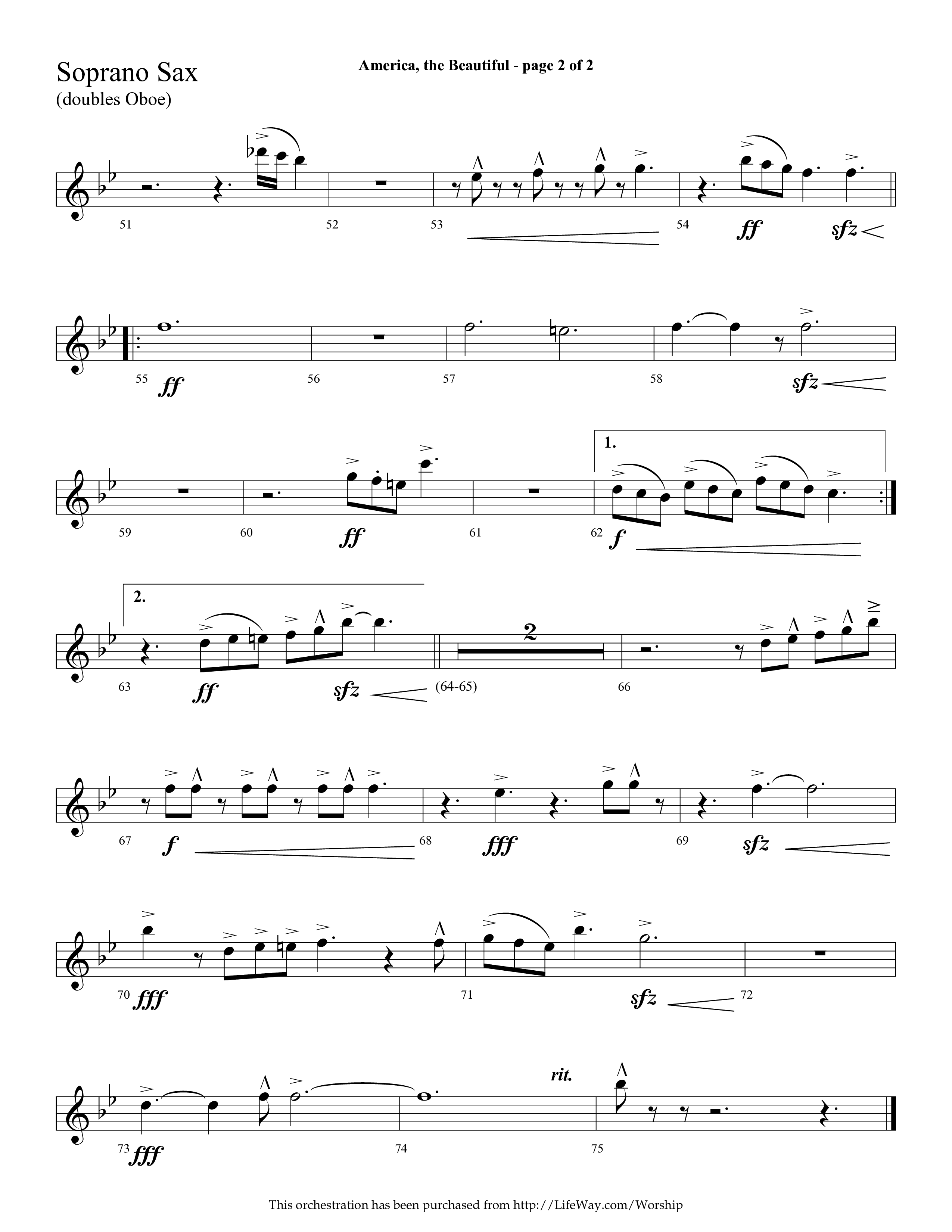 America The Beautiful (with Freedoms Song) (Choral Anthem SATB) Soprano Sax (Lifeway Choral / Arr. Cliff Duren)