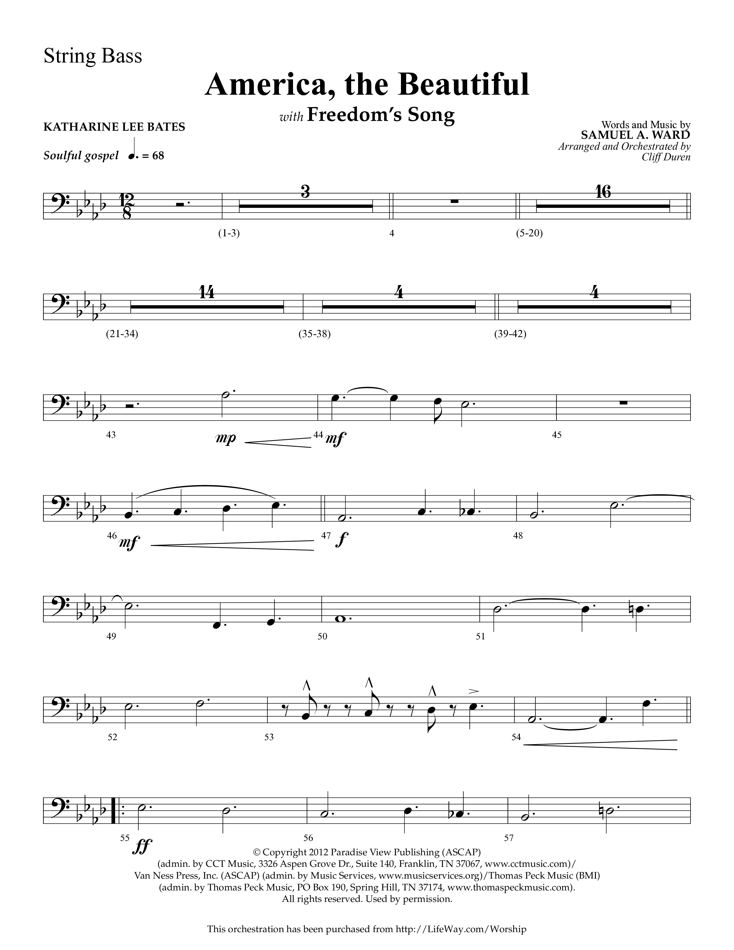 America The Beautiful (with Freedoms Song) (Choral Anthem SATB) String Bass (Lifeway Choral / Arr. Cliff Duren)