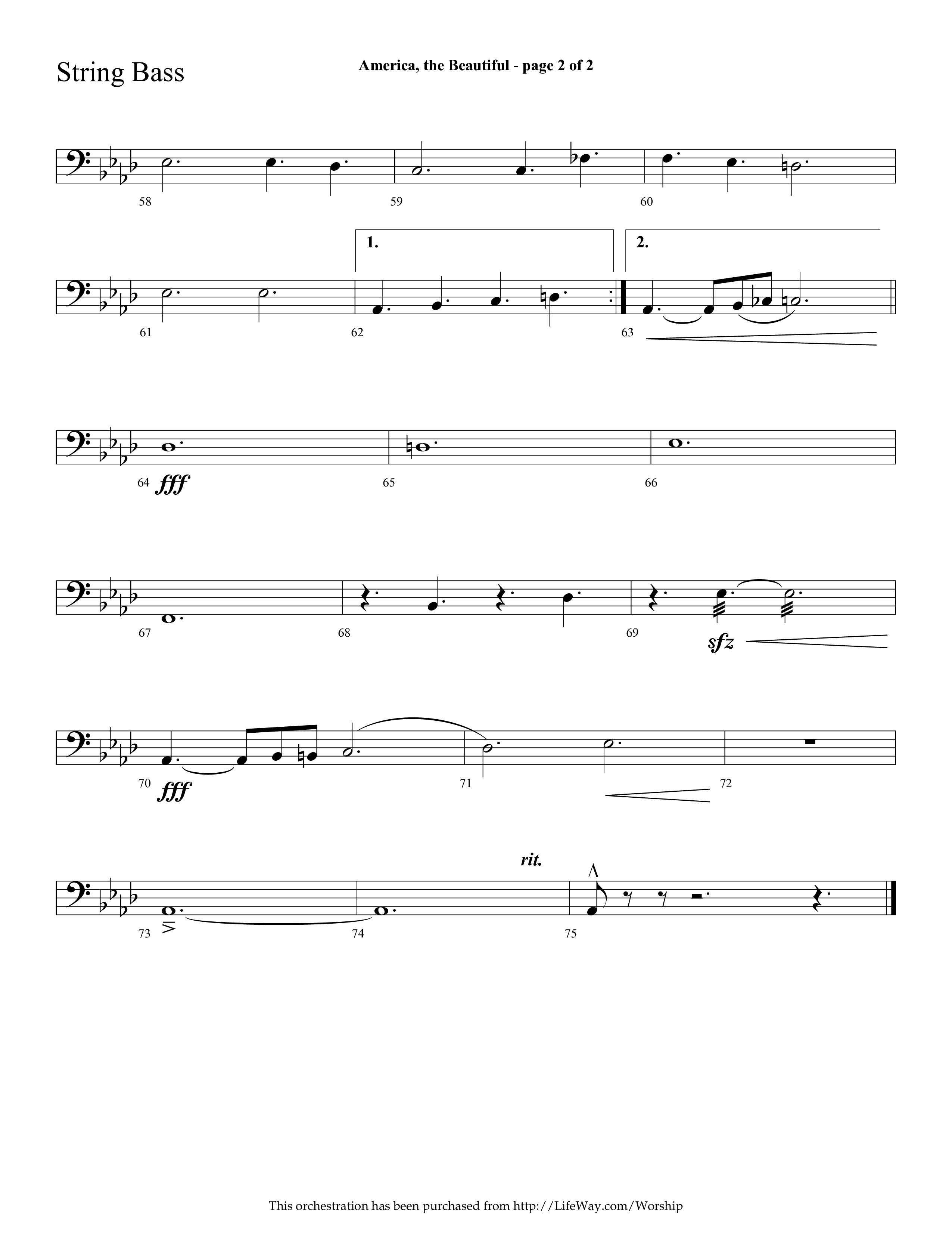 America The Beautiful (with Freedoms Song) (Choral Anthem SATB) String Bass (Lifeway Choral / Arr. Cliff Duren)