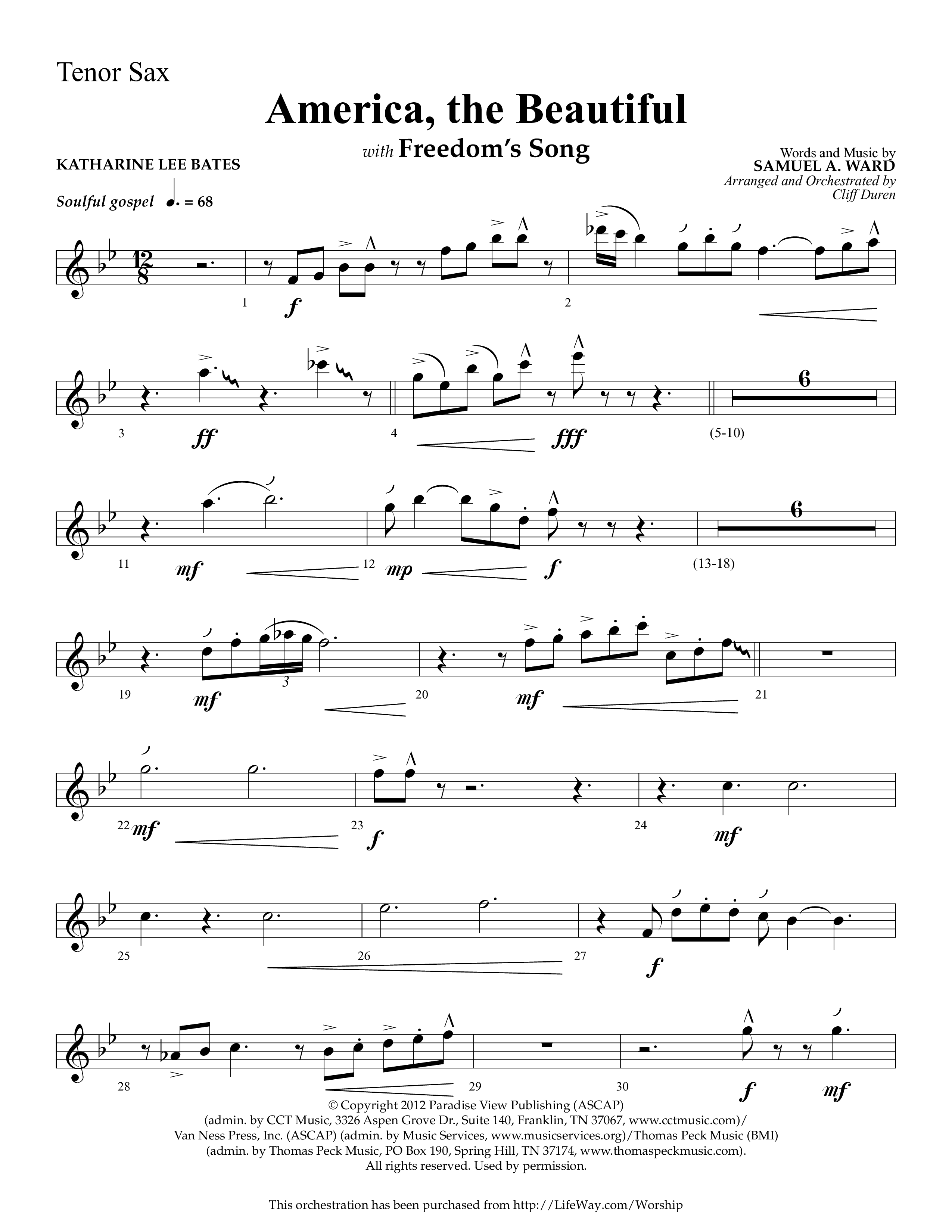 America The Beautiful (with Freedoms Song) (Choral Anthem SATB) Tenor Sax 1 (Lifeway Choral / Arr. Cliff Duren)