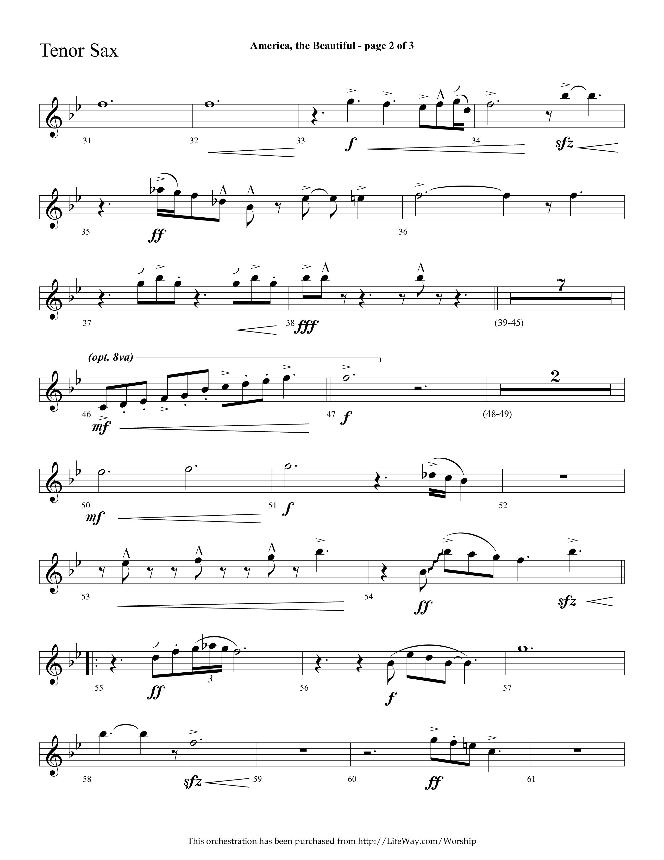 America The Beautiful (with Freedoms Song) (Choral Anthem SATB) Tenor Sax 1 (Lifeway Choral / Arr. Cliff Duren)