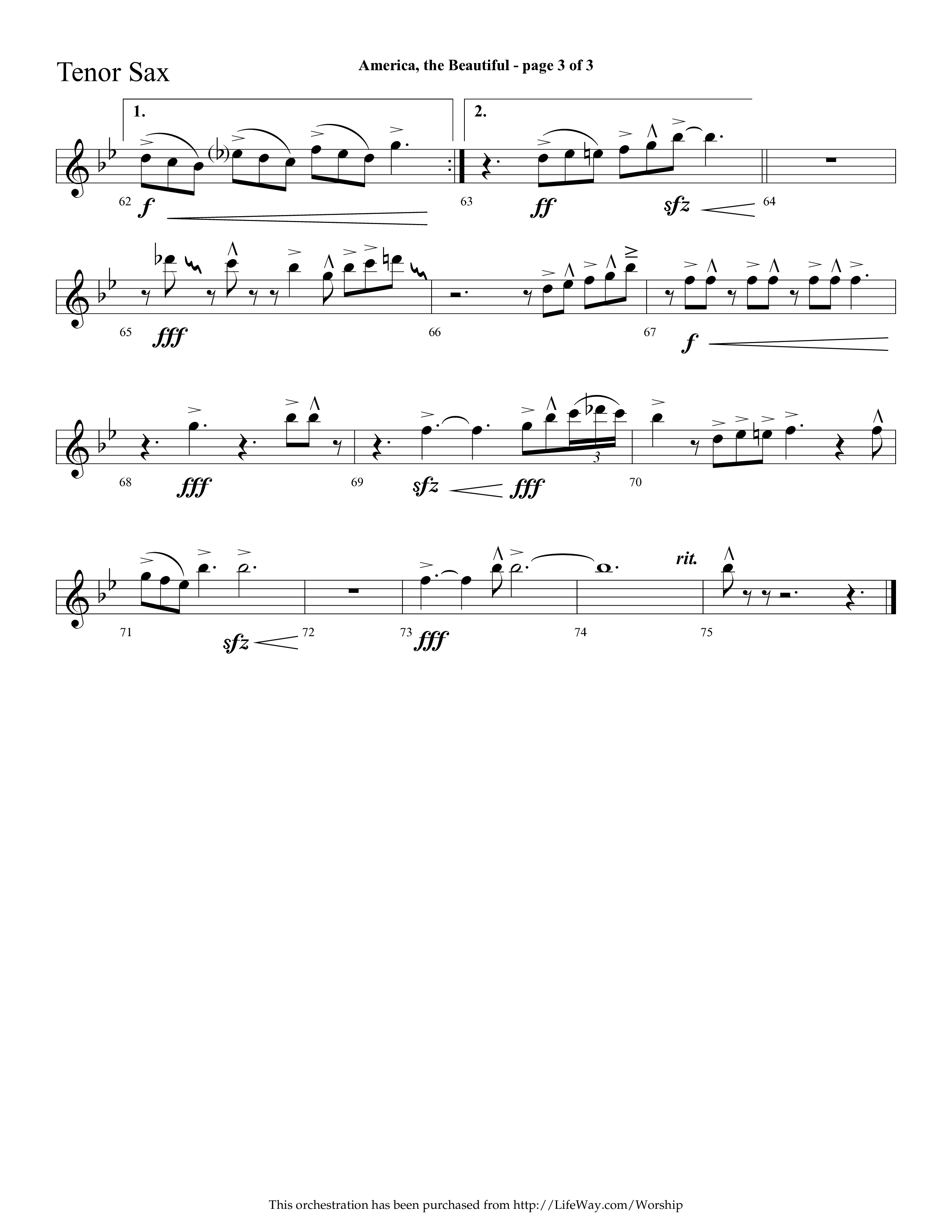 America The Beautiful (with Freedoms Song) (Choral Anthem SATB) Tenor Sax 1 (Lifeway Choral / Arr. Cliff Duren)