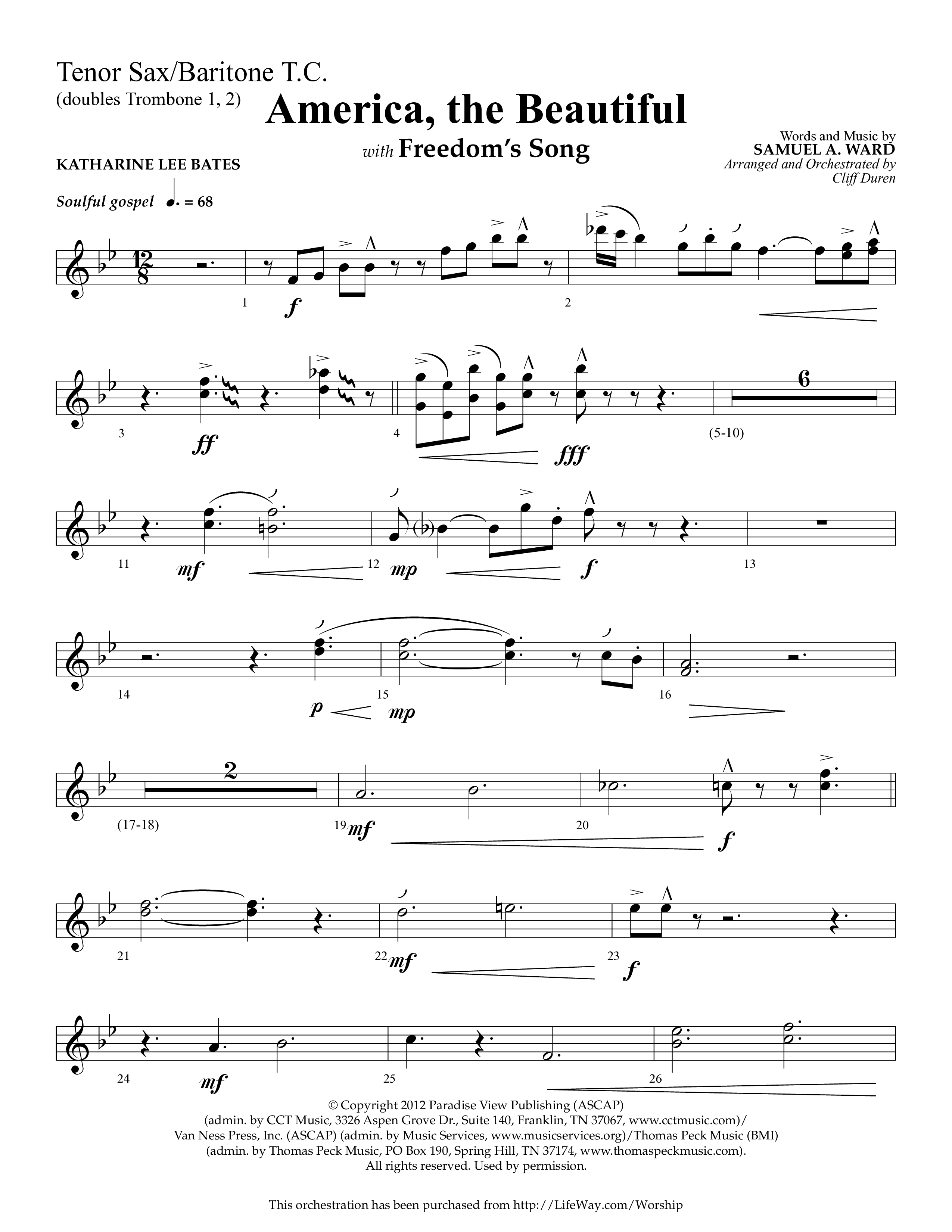 America The Beautiful (with Freedoms Song) (Choral Anthem SATB) Tenor Sax/Baritone T.C. (Lifeway Choral / Arr. Cliff Duren)