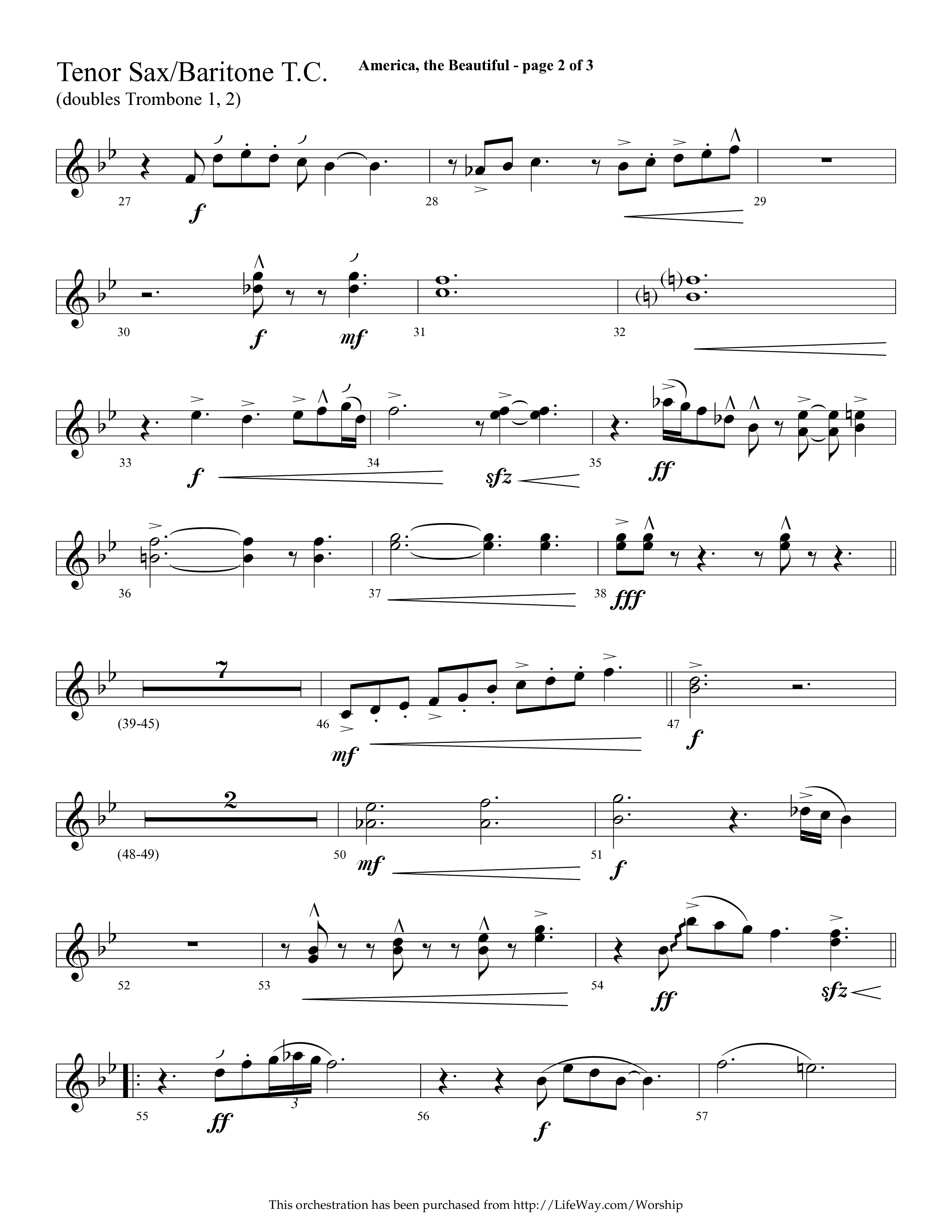 America The Beautiful (with Freedoms Song) (Choral Anthem SATB) Tenor Sax/Baritone T.C. (Lifeway Choral / Arr. Cliff Duren)