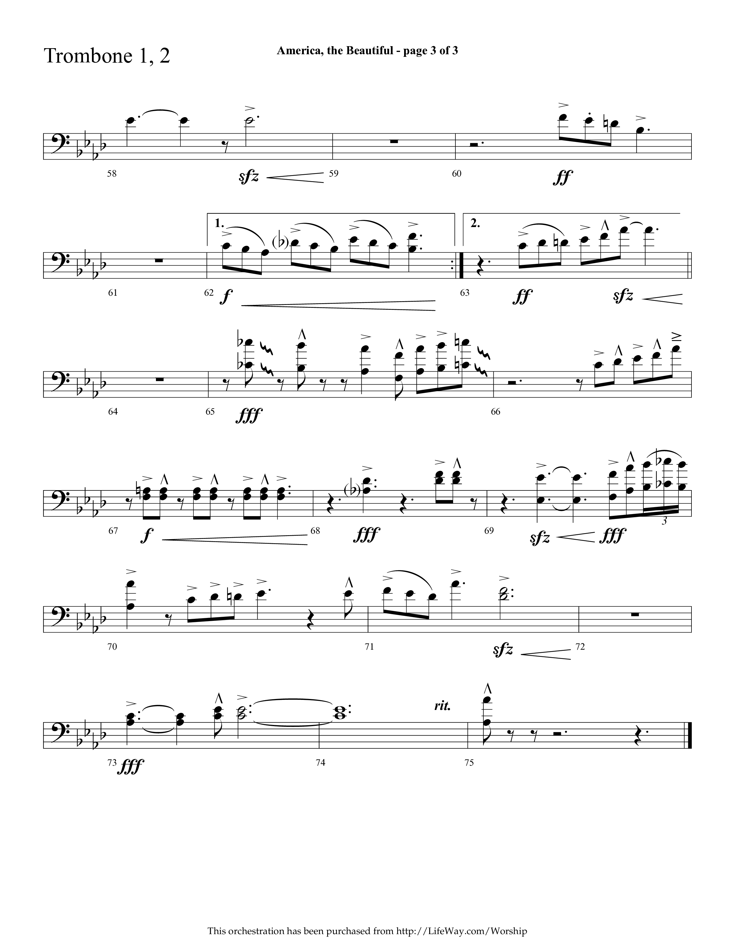 America The Beautiful (with Freedoms Song) (Choral Anthem SATB) Trombone 1/2 (Lifeway Choral / Arr. Cliff Duren)