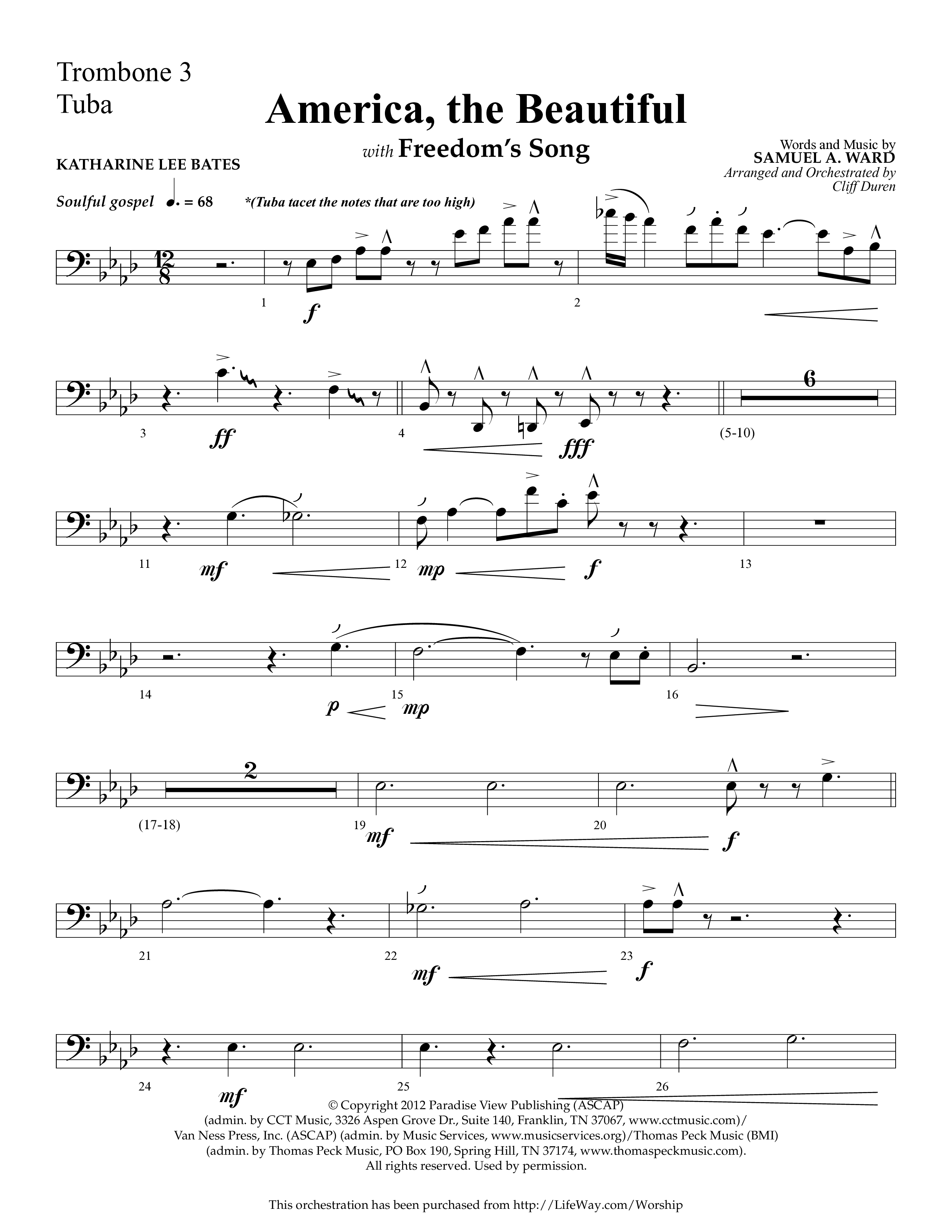 America The Beautiful (with Freedoms Song) (Choral Anthem SATB) Trombone 3/Tuba (Lifeway Choral / Arr. Cliff Duren)