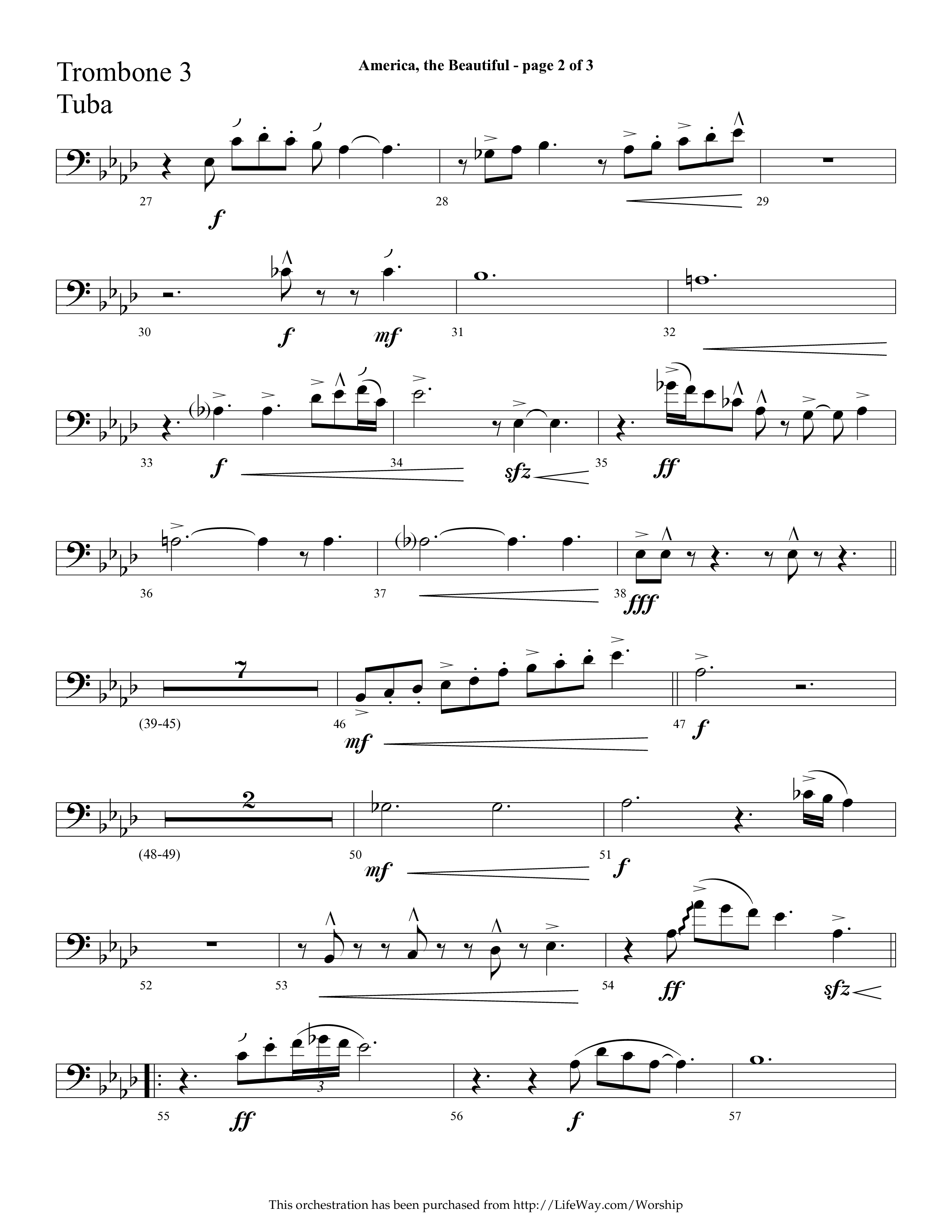 America The Beautiful (with Freedoms Song) (Choral Anthem SATB) Trombone 3/Tuba (Lifeway Choral / Arr. Cliff Duren)