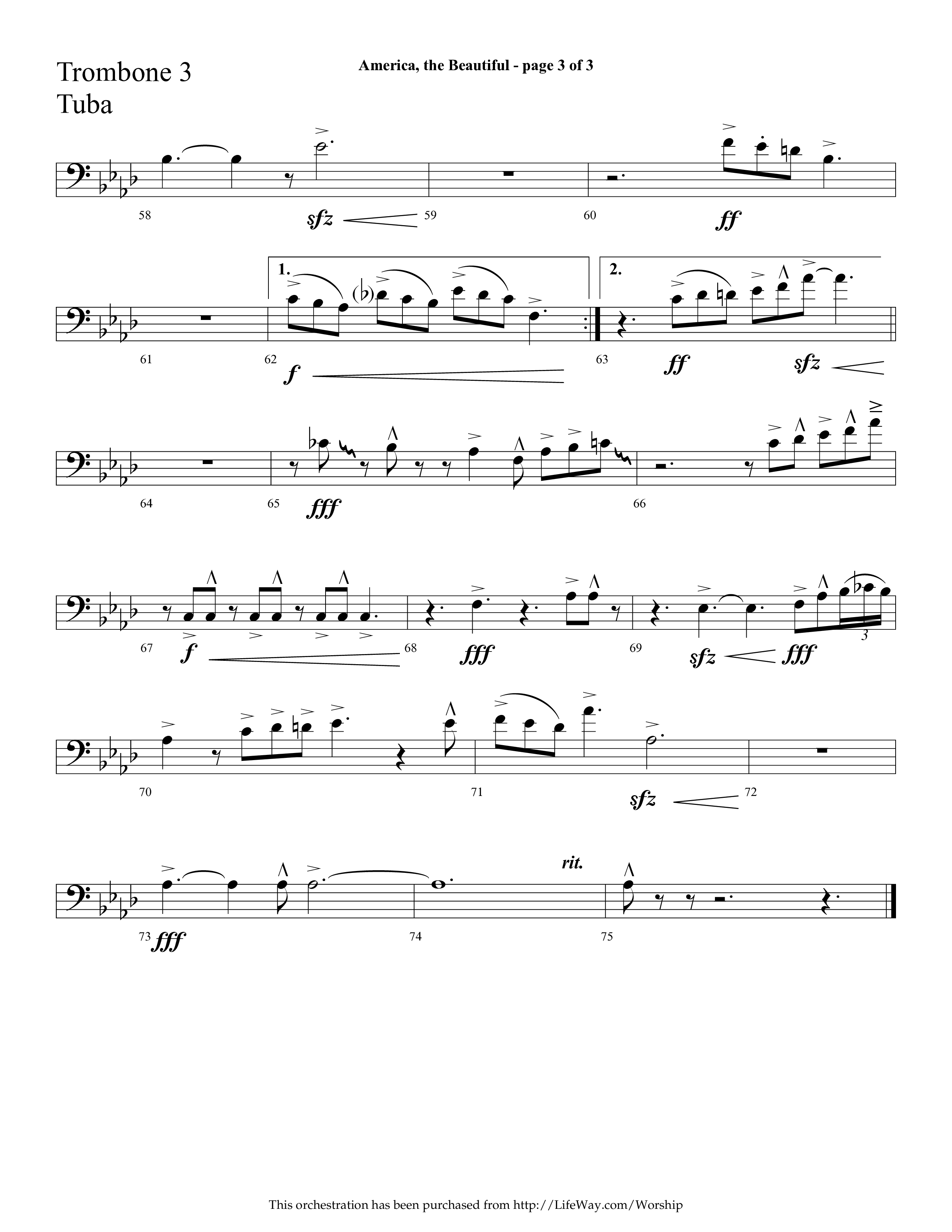 America The Beautiful (with Freedoms Song) (Choral Anthem SATB) Trombone 3/Tuba (Lifeway Choral / Arr. Cliff Duren)