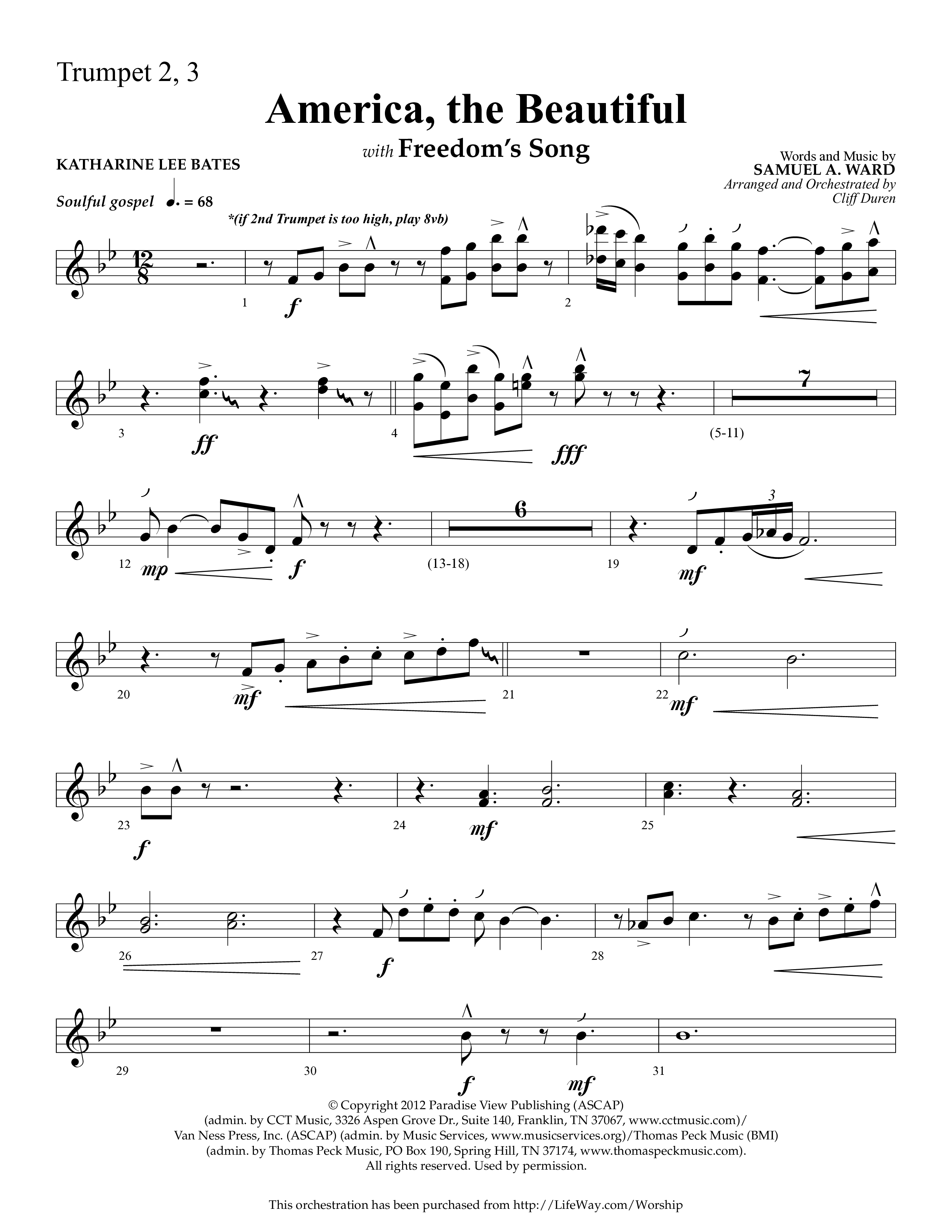 America The Beautiful (with Freedoms Song) (Choral Anthem SATB) Trumpet 2/3 (Lifeway Choral / Arr. Cliff Duren)