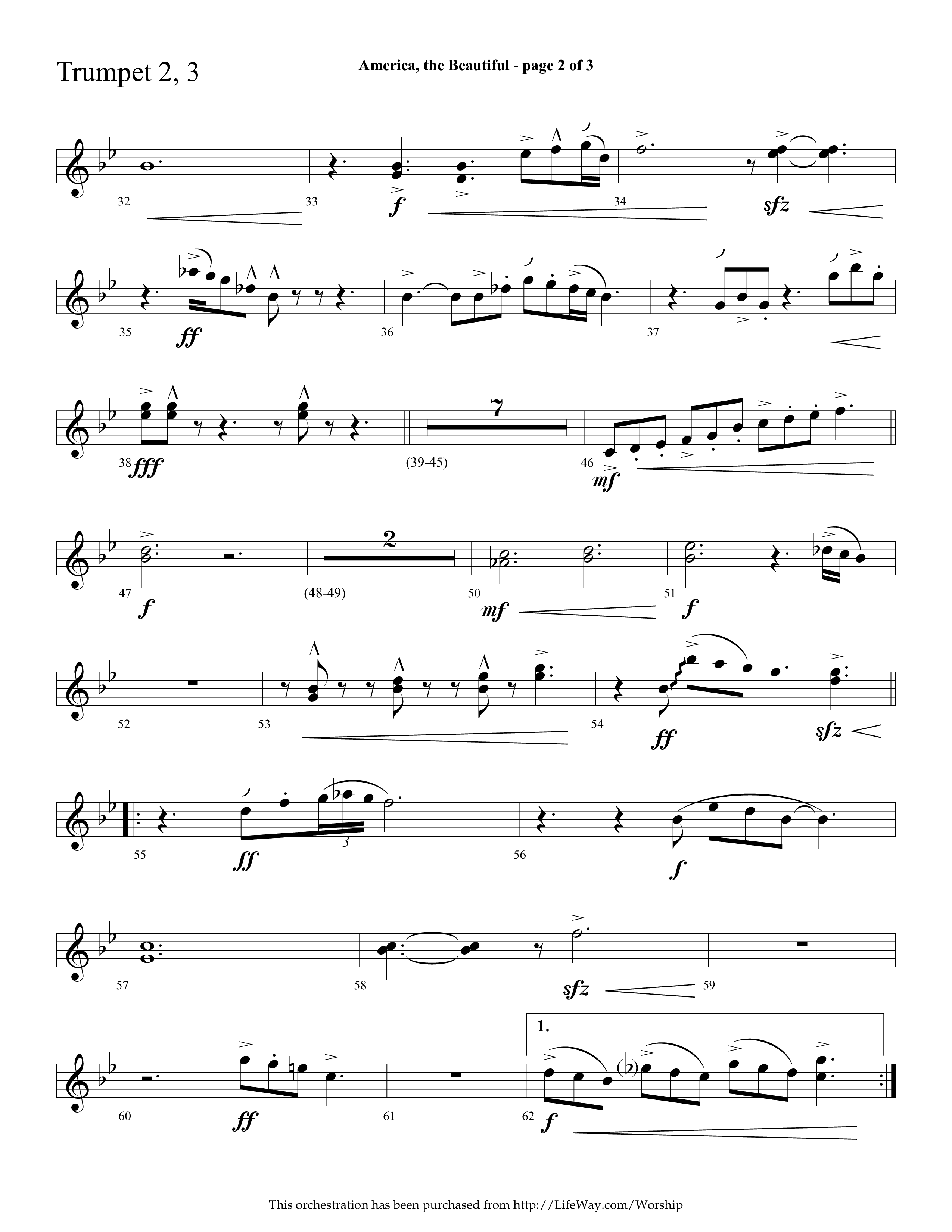 America The Beautiful (with Freedoms Song) (Choral Anthem SATB) Trumpet 2/3 (Lifeway Choral / Arr. Cliff Duren)