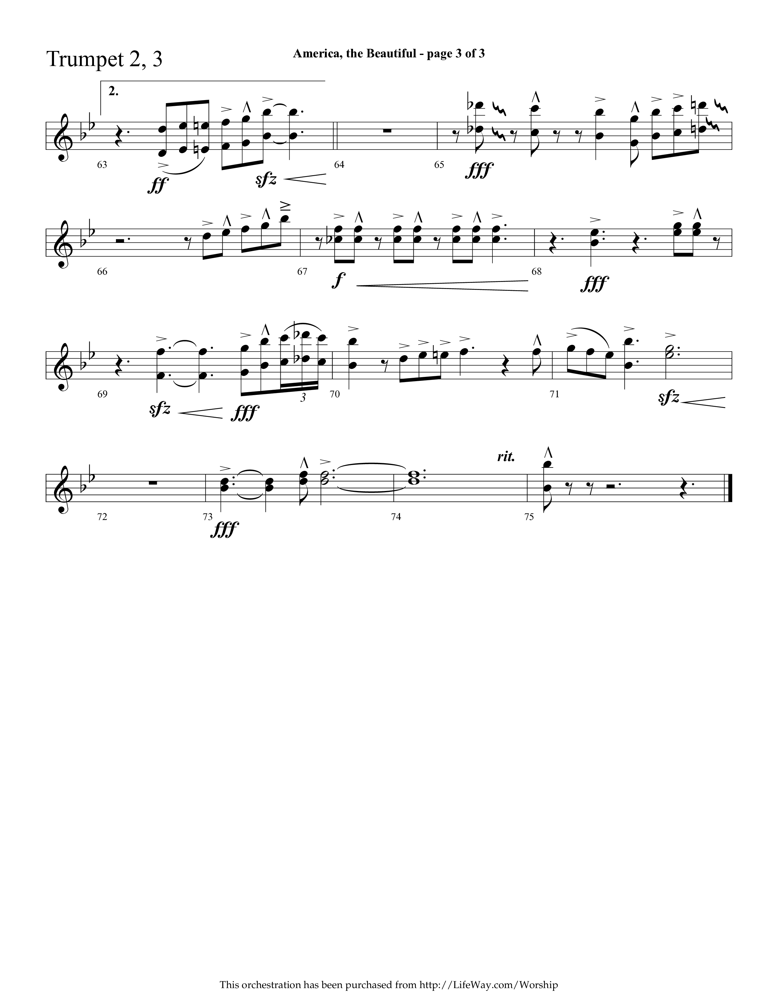 America The Beautiful (with Freedoms Song) (Choral Anthem SATB) Trumpet 2/3 (Lifeway Choral / Arr. Cliff Duren)