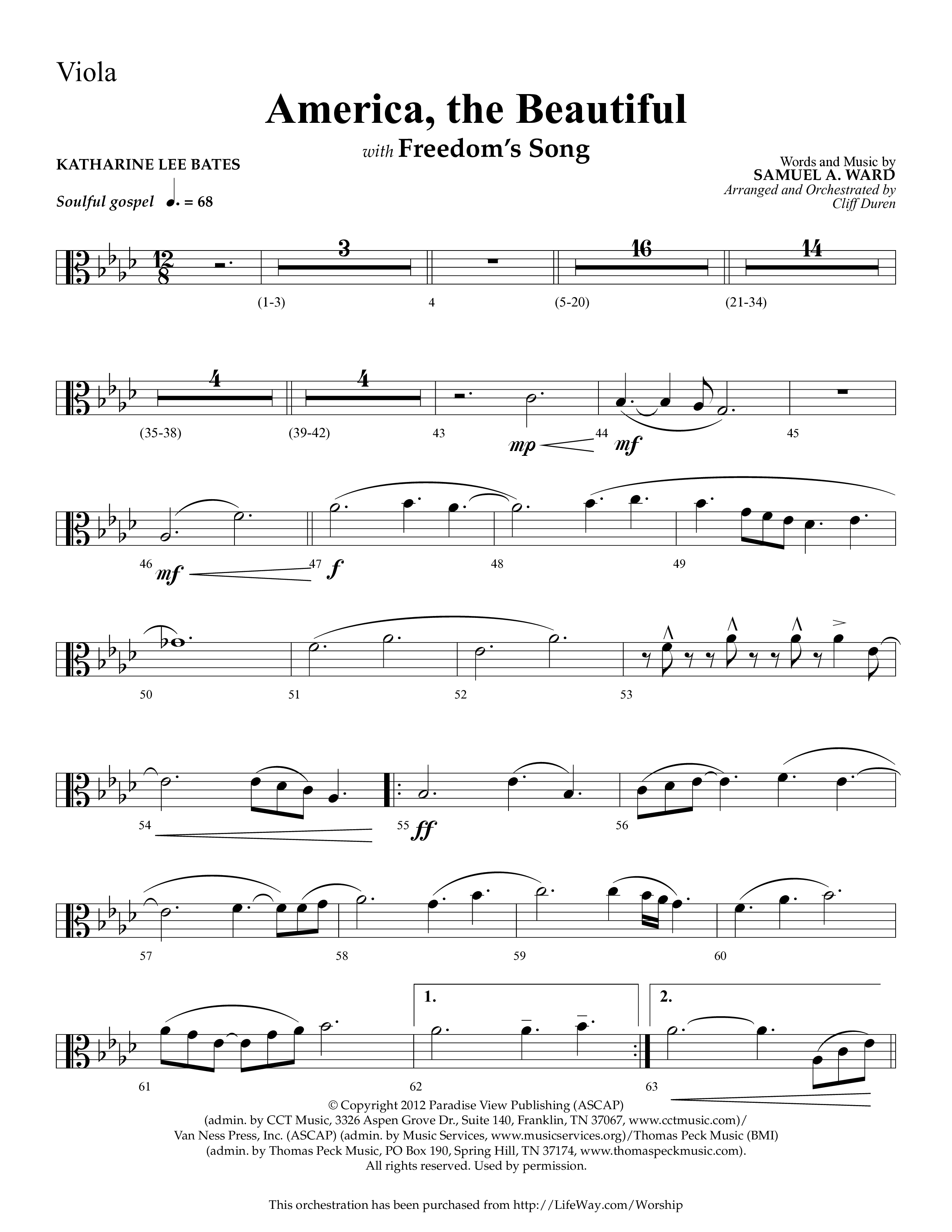 America The Beautiful (with Freedoms Song) (Choral Anthem SATB) Viola (Lifeway Choral / Arr. Cliff Duren)