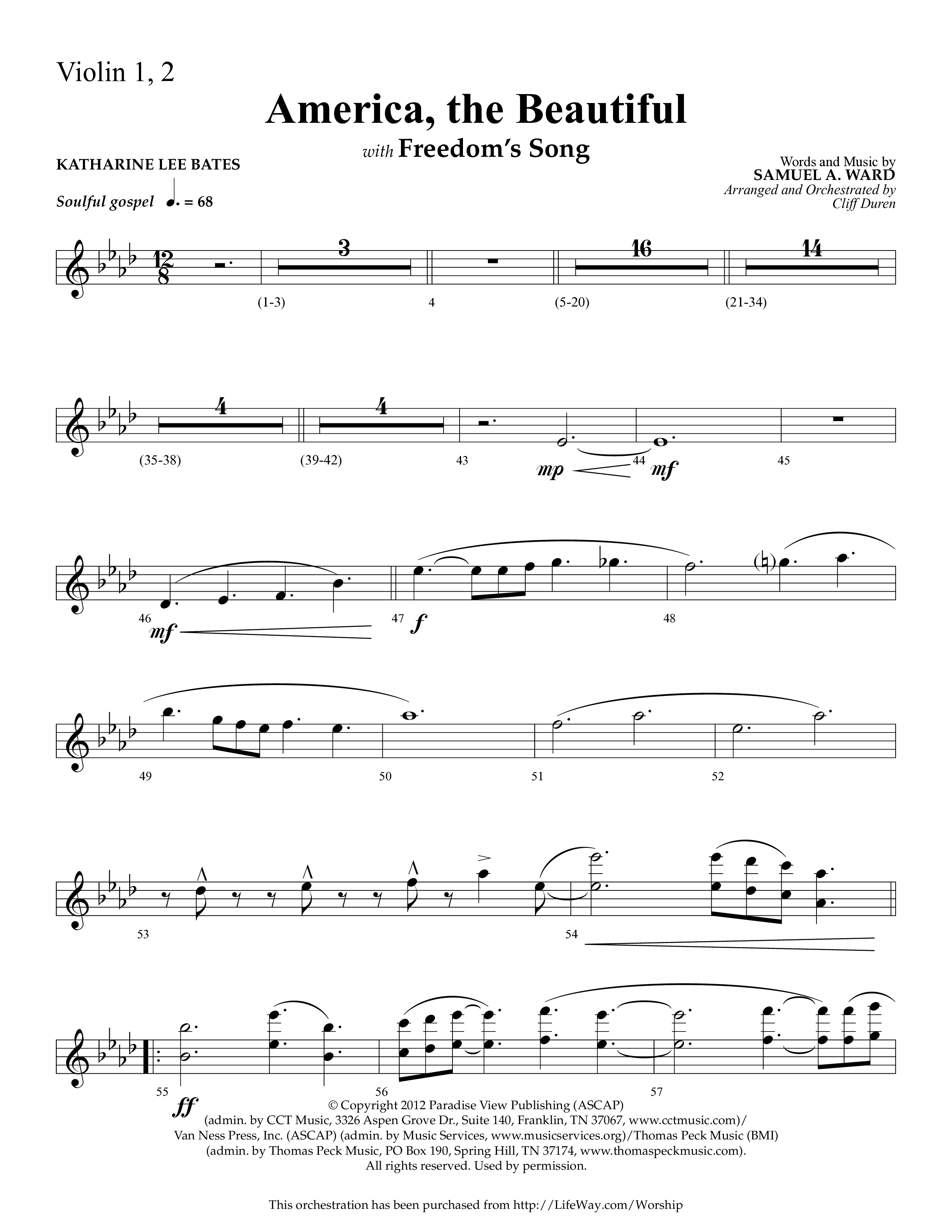 America The Beautiful (with Freedoms Song) (Choral Anthem SATB) Violin 1/2 (Lifeway Choral / Arr. Cliff Duren)
