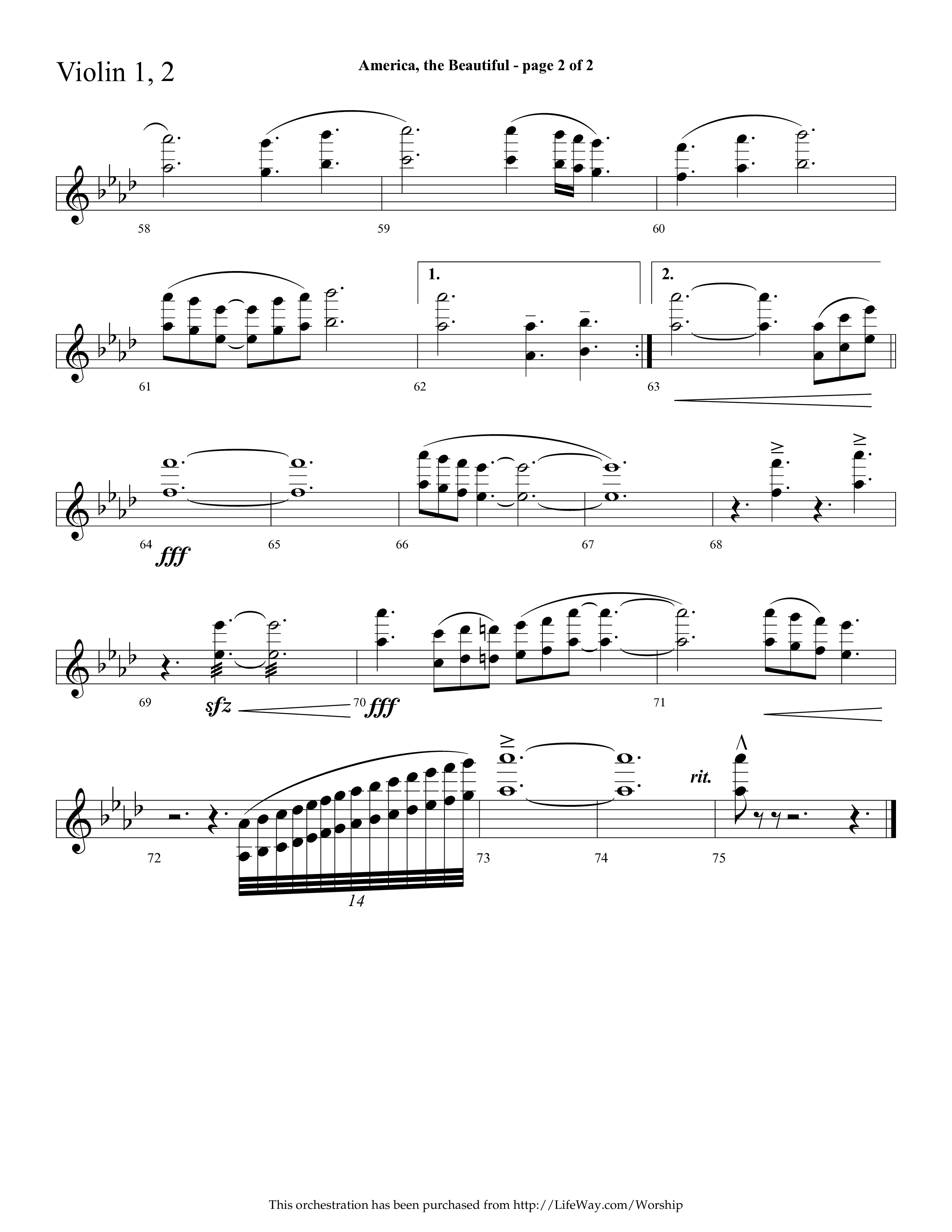 America The Beautiful (with Freedoms Song) (Choral Anthem SATB) Violin 1/2 (Lifeway Choral / Arr. Cliff Duren)