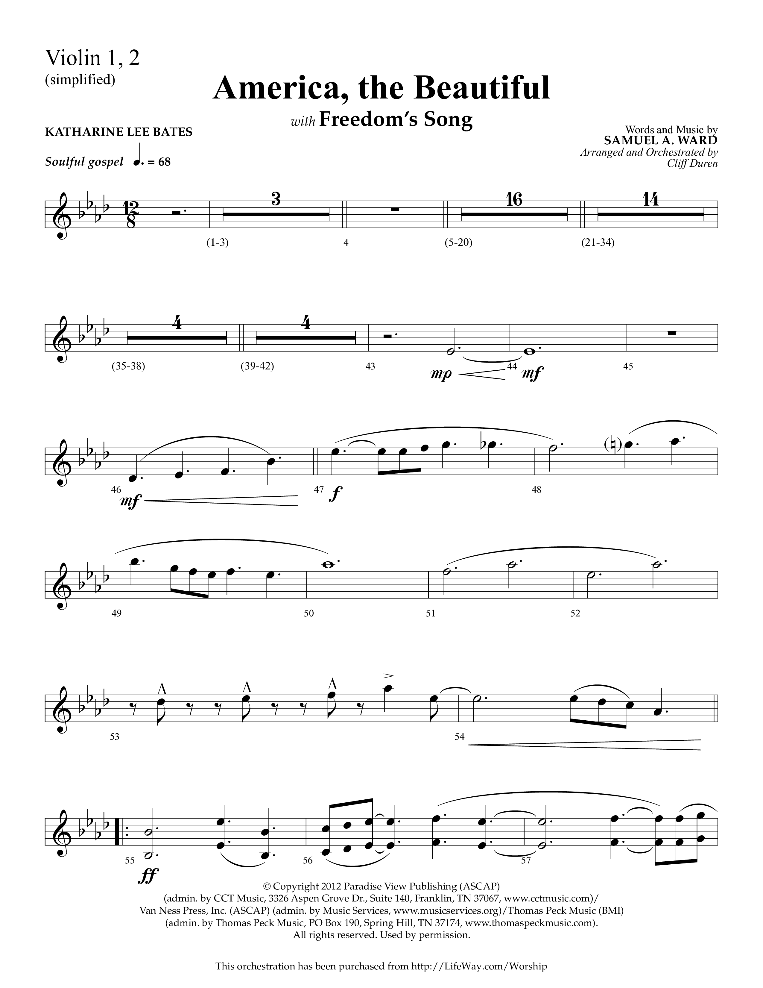 America The Beautiful (with Freedoms Song) (Choral Anthem SATB) Violin 1/2 (Lifeway Choral / Arr. Cliff Duren)