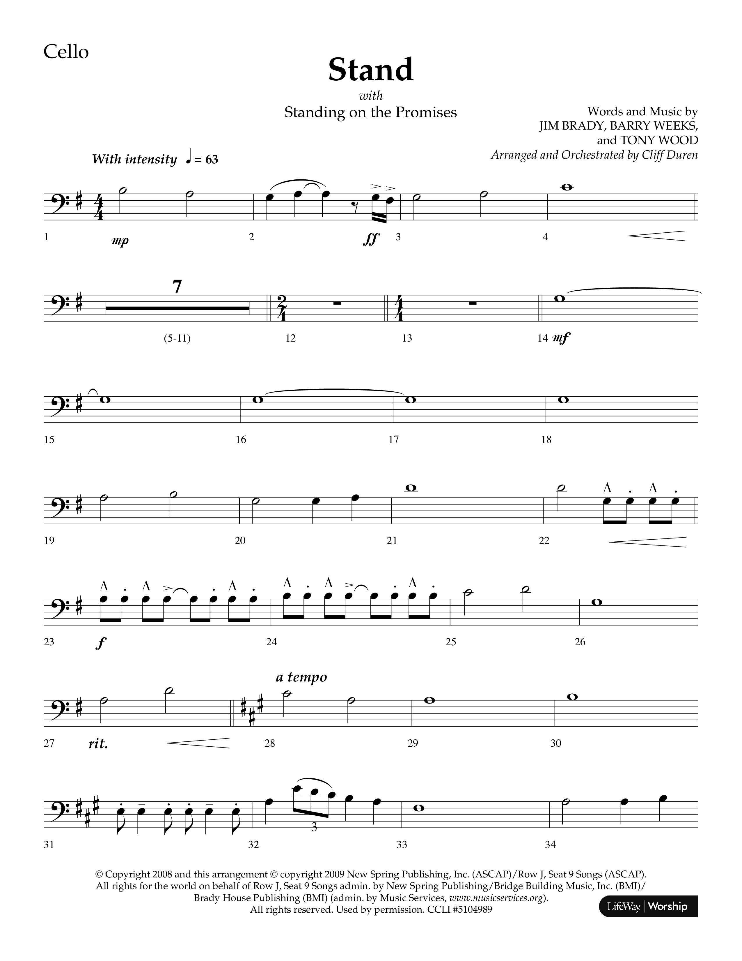 Stand (with Standing On The Promises) (Choral Anthem SATB) Cello (Lifeway Choral / Arr. Cliff Duren)