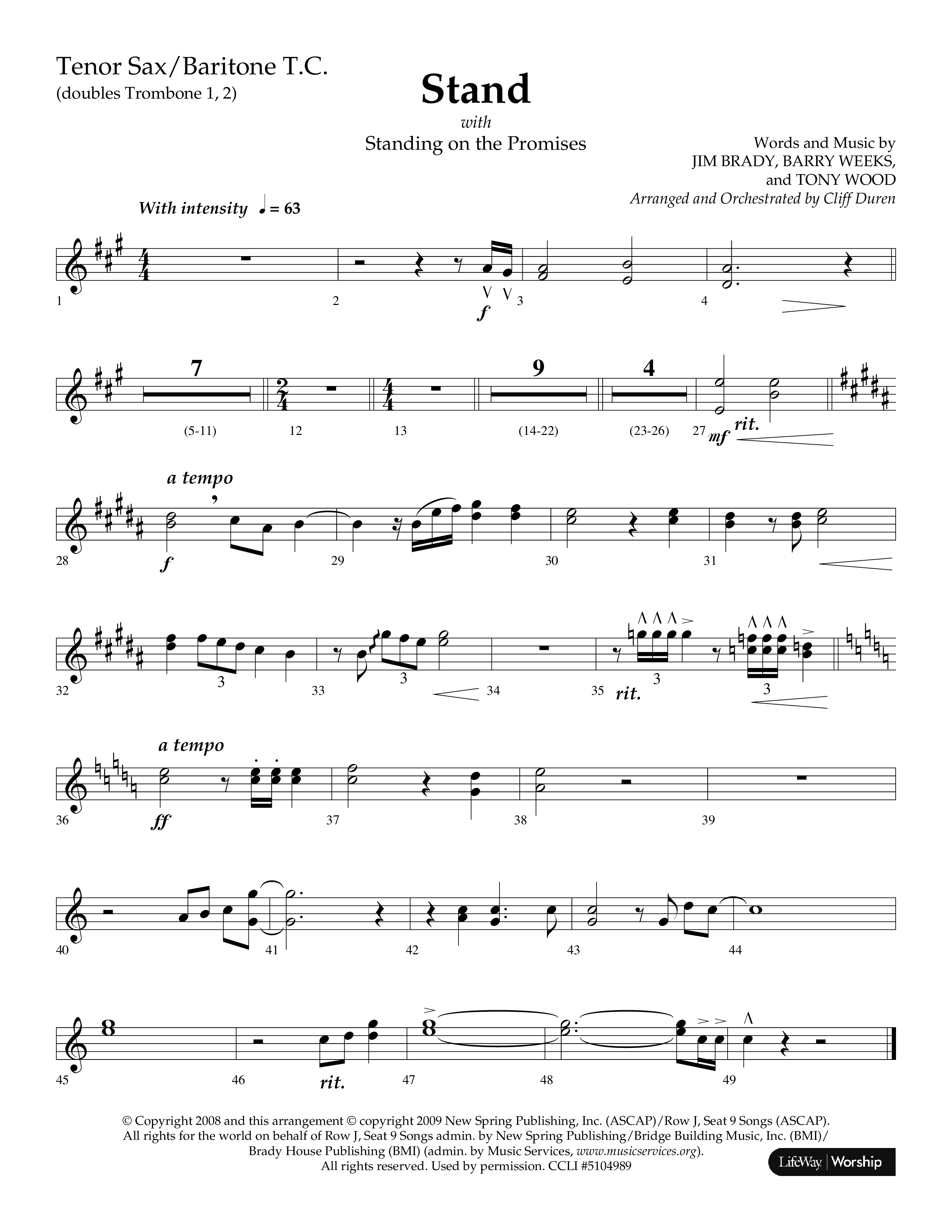 Stand (with Standing On The Promises) (Choral Anthem SATB) Tenor Sax/Baritone T.C. (Lifeway Choral / Arr. Cliff Duren)