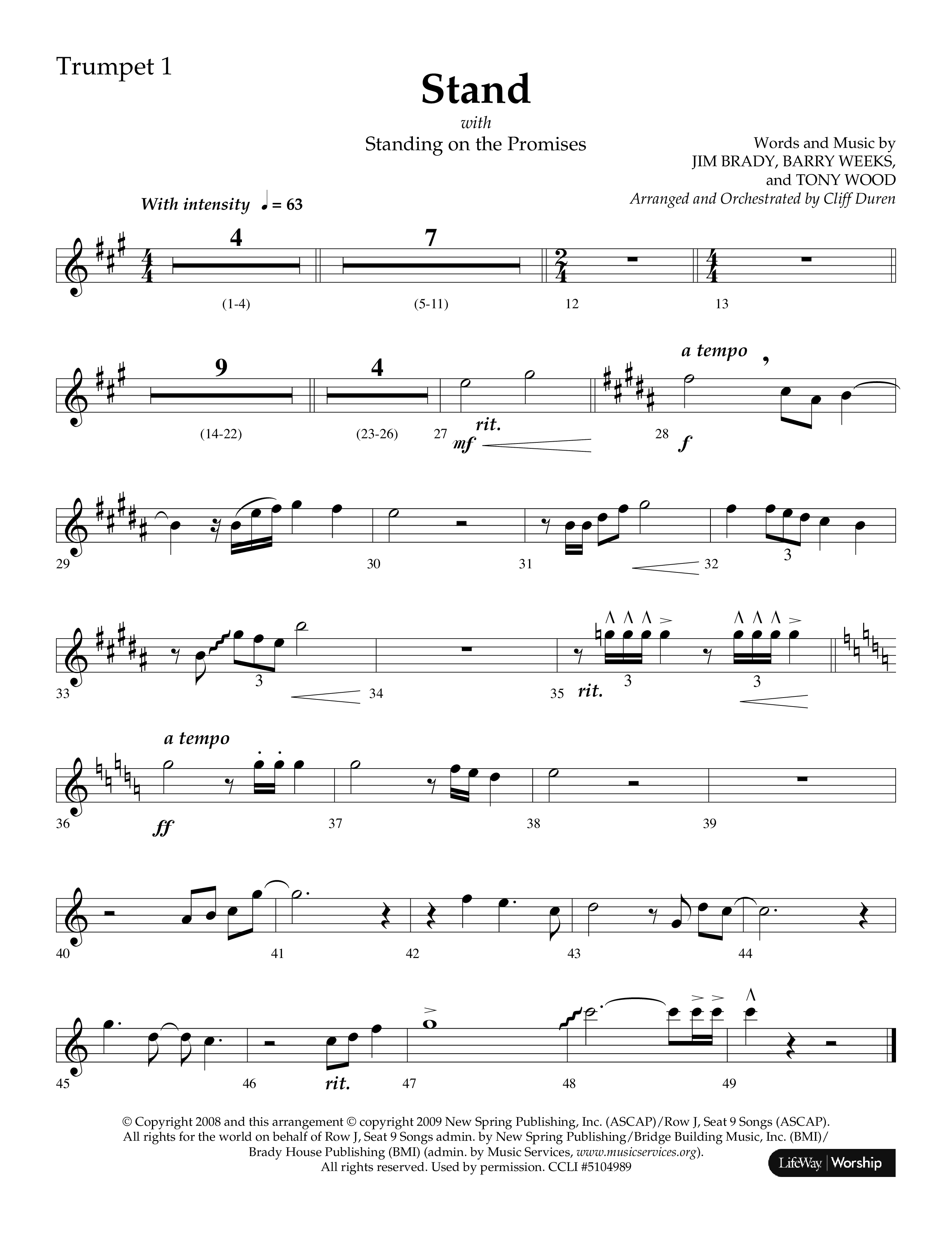 Stand (with Standing On The Promises) (Choral Anthem SATB) Trumpet 1 (Lifeway Choral / Arr. Cliff Duren)