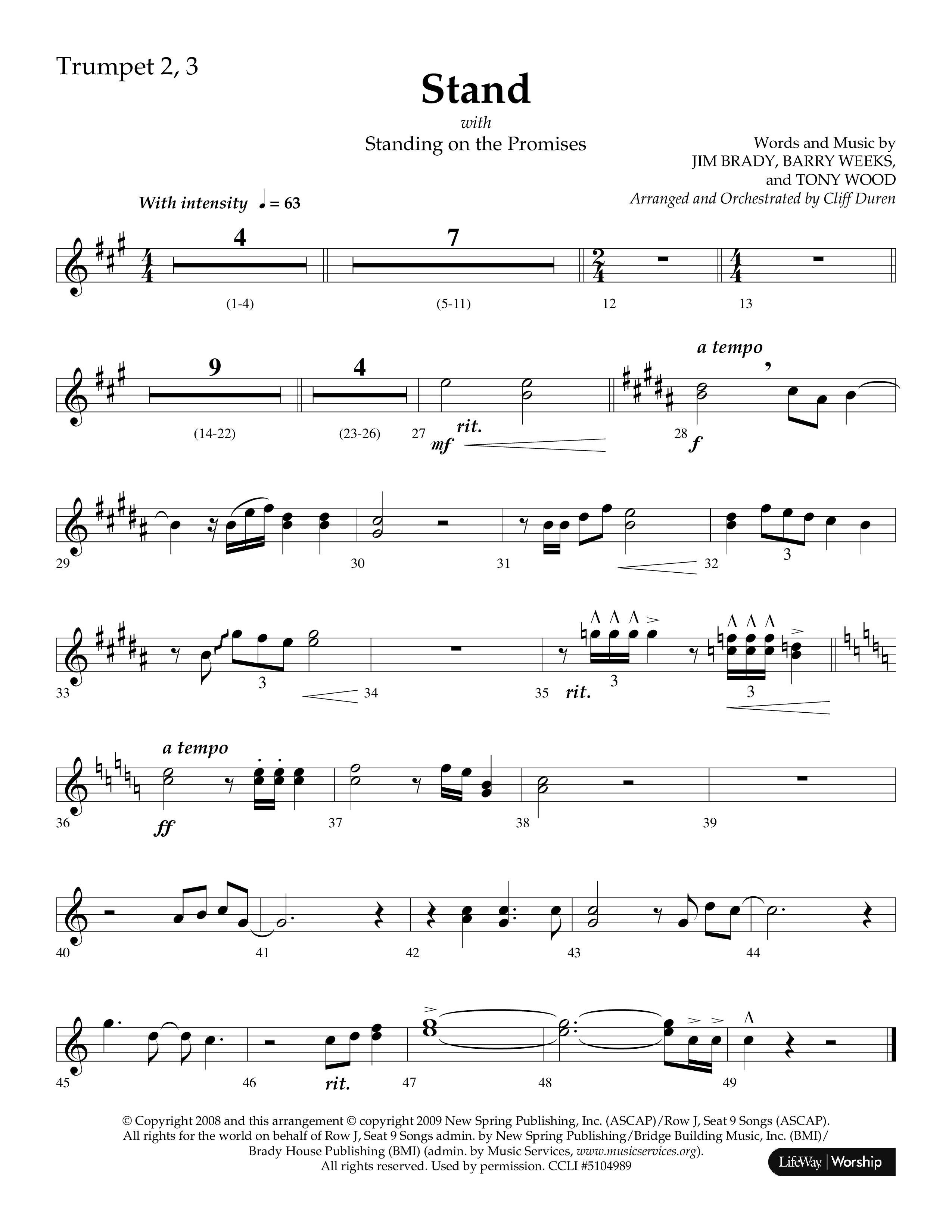 Stand (with Standing On The Promises) (Choral Anthem SATB) Trumpet 2/3 (Lifeway Choral / Arr. Cliff Duren)