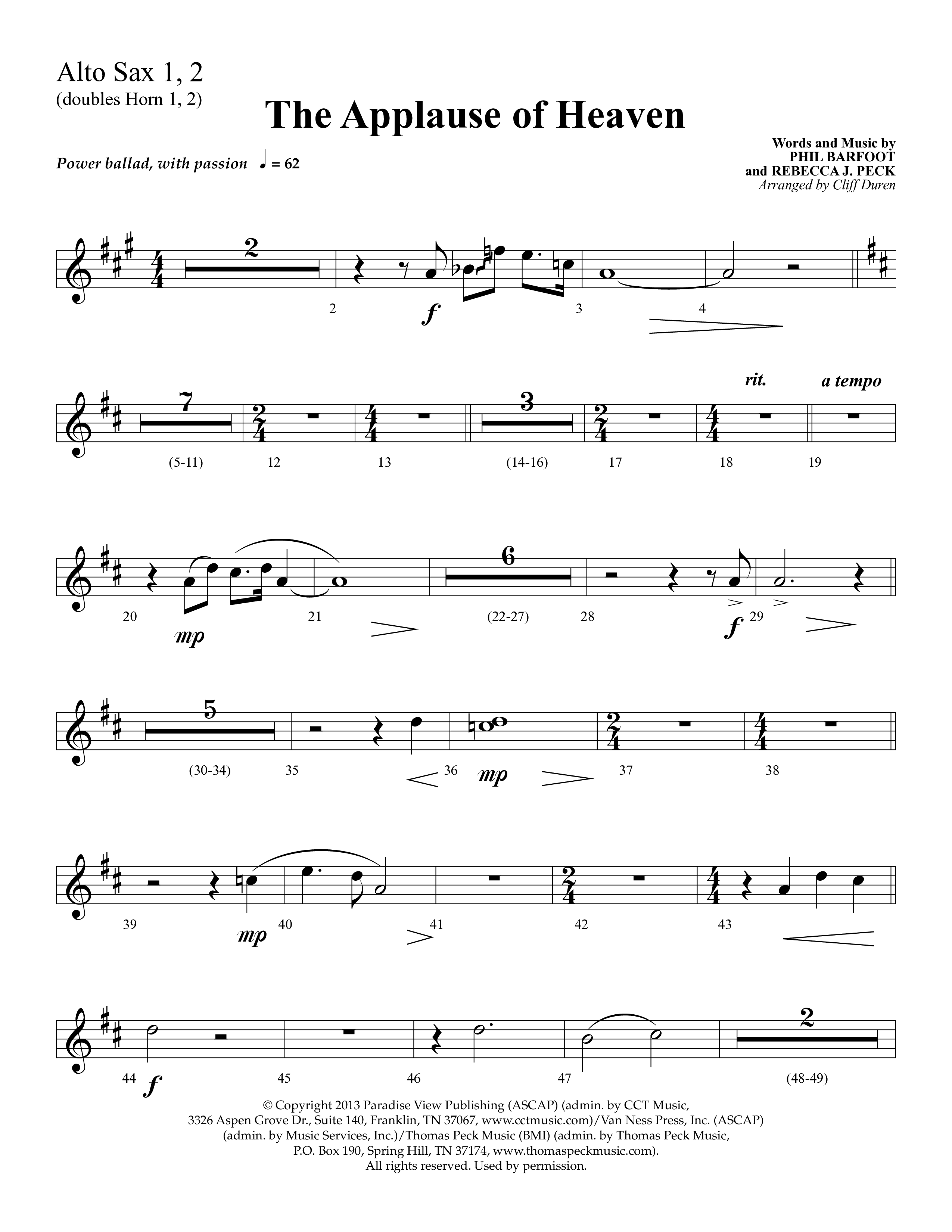 The Applause Of Heaven (Choral Anthem SATB) Alto Sax 1/2 (Lifeway Choral / Arr. Cliff Duren)