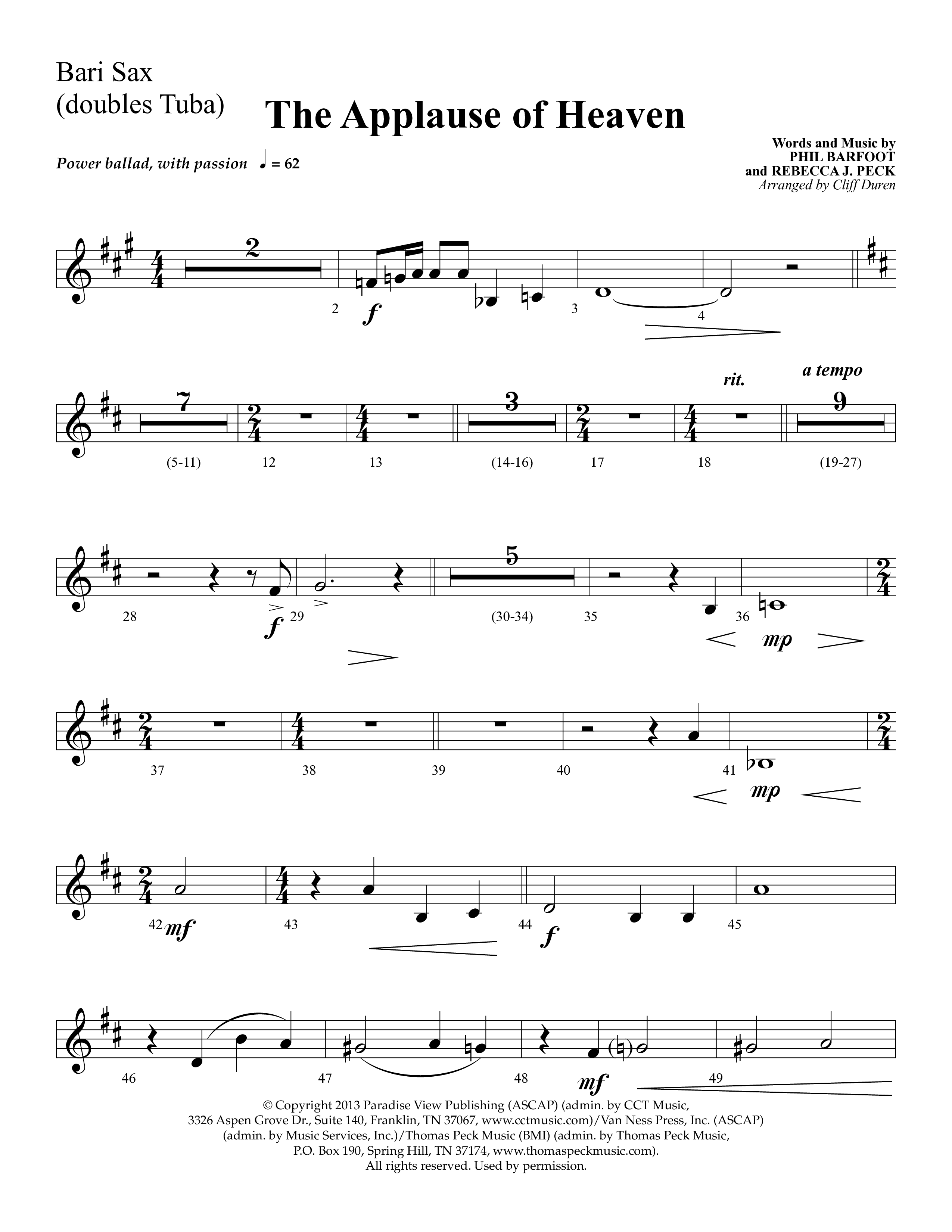 The Applause Of Heaven (Choral Anthem SATB) Bari Sax (Lifeway Choral / Arr. Cliff Duren)