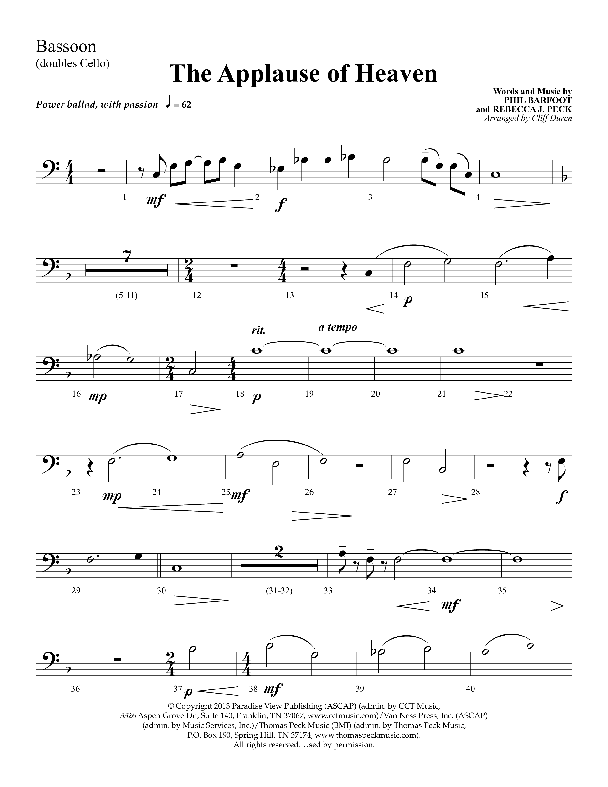 The Applause Of Heaven (Choral Anthem SATB) Bassoon (Lifeway Choral / Arr. Cliff Duren)